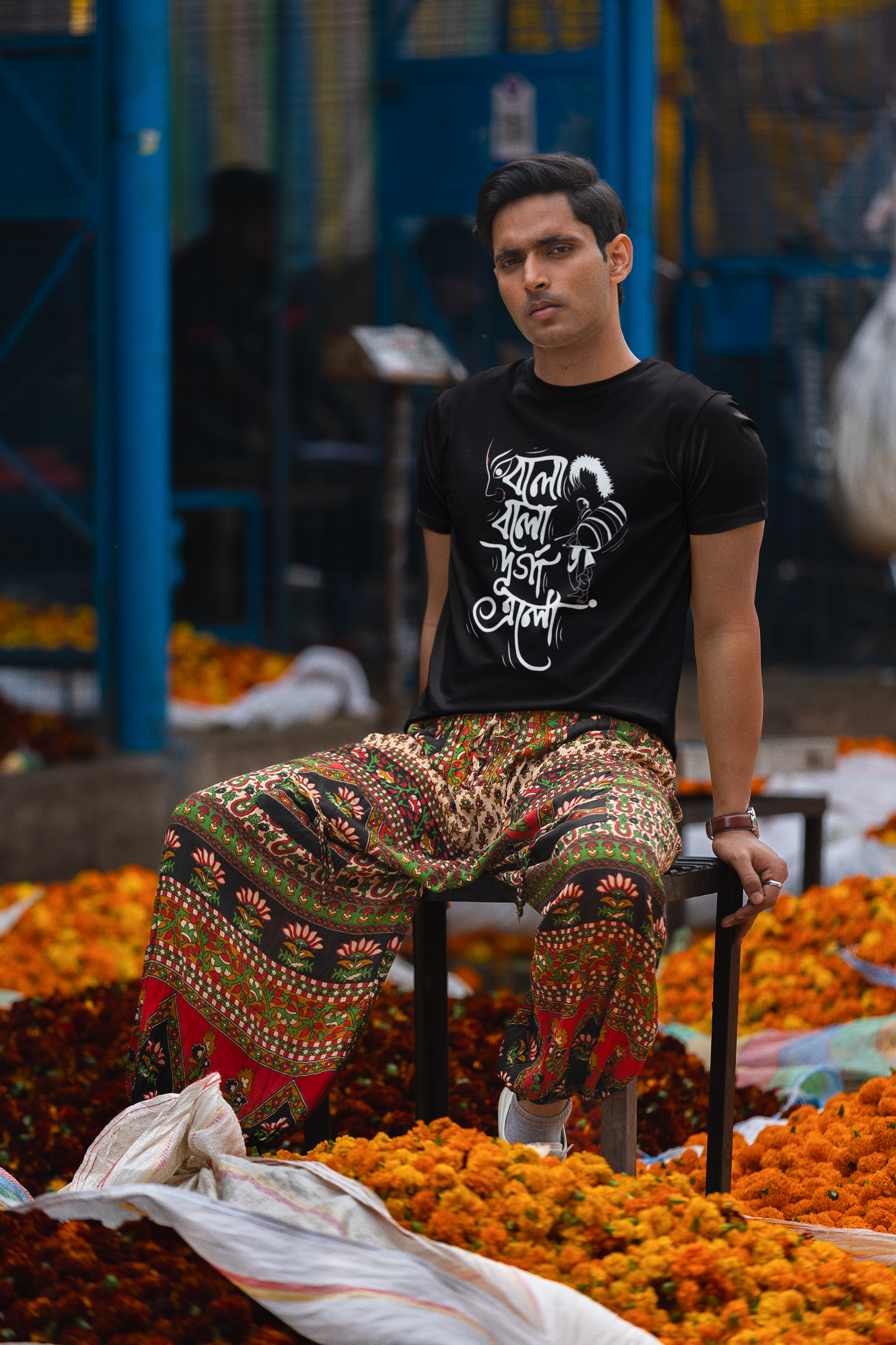 Men's Durga Puja Special Bolo Bolo Durga Elo Printed Oversized T-Shirt