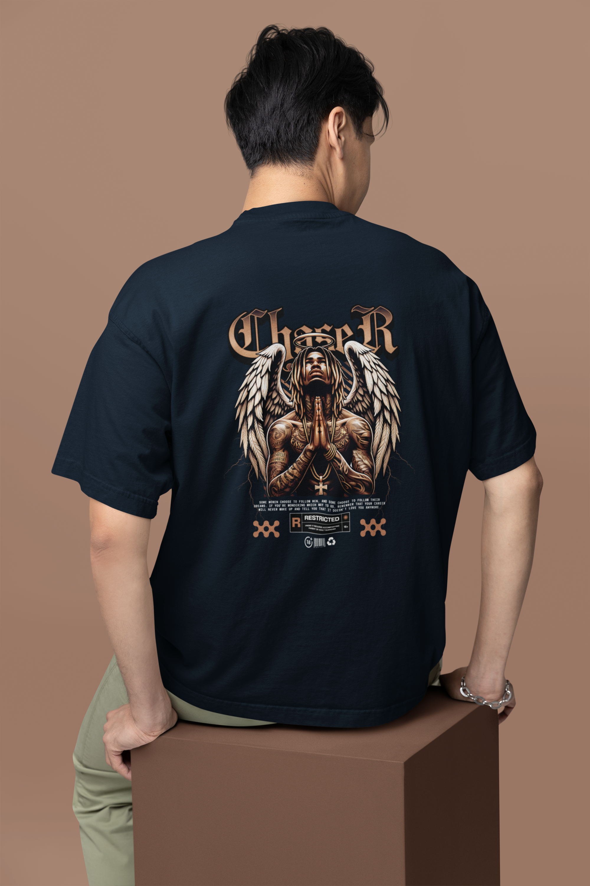 Men's Navy Blue Chaser Oversized Printed T-shirt