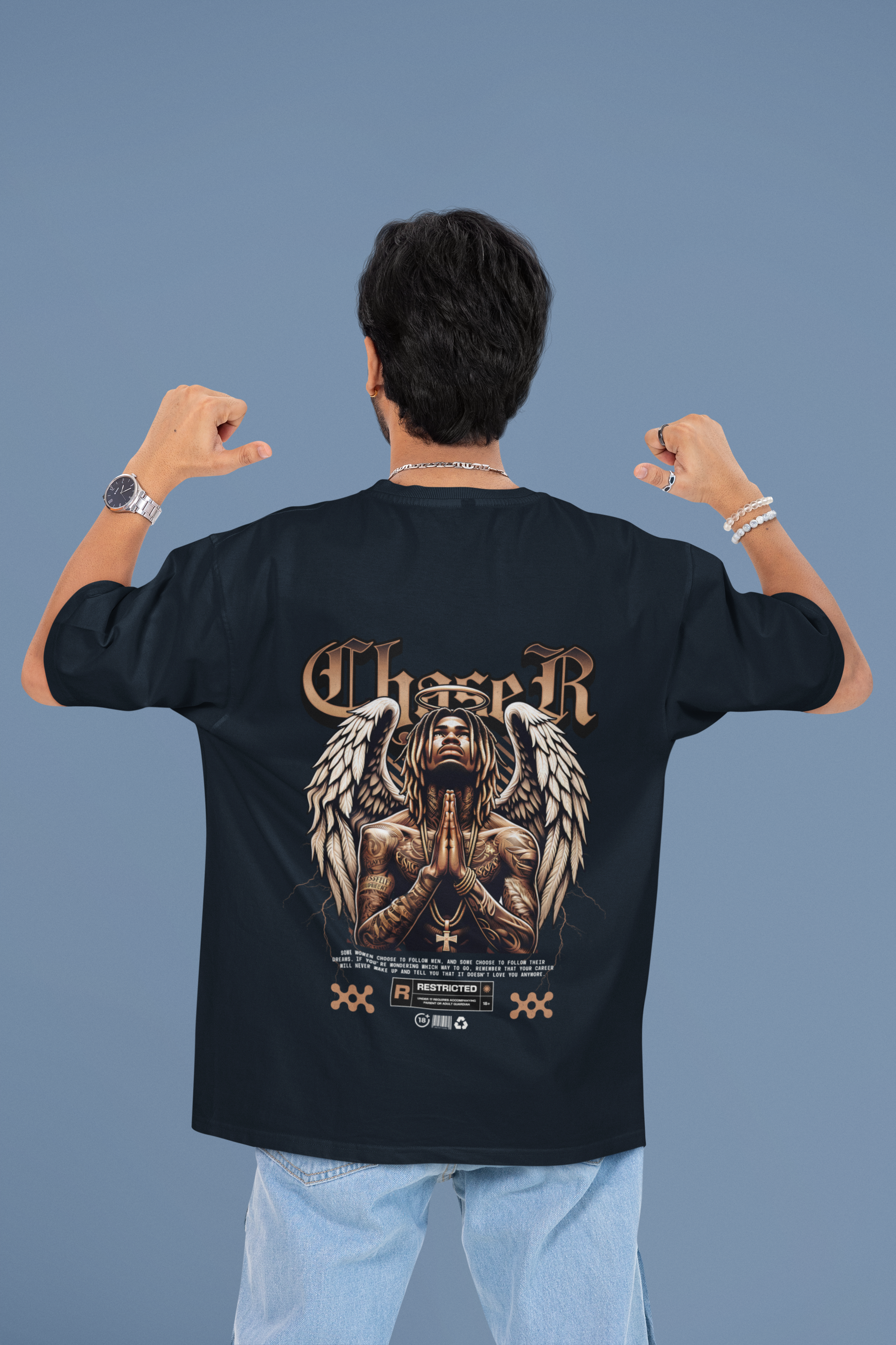 Men's Navy Blue Chaser Oversized Printed T-shirt