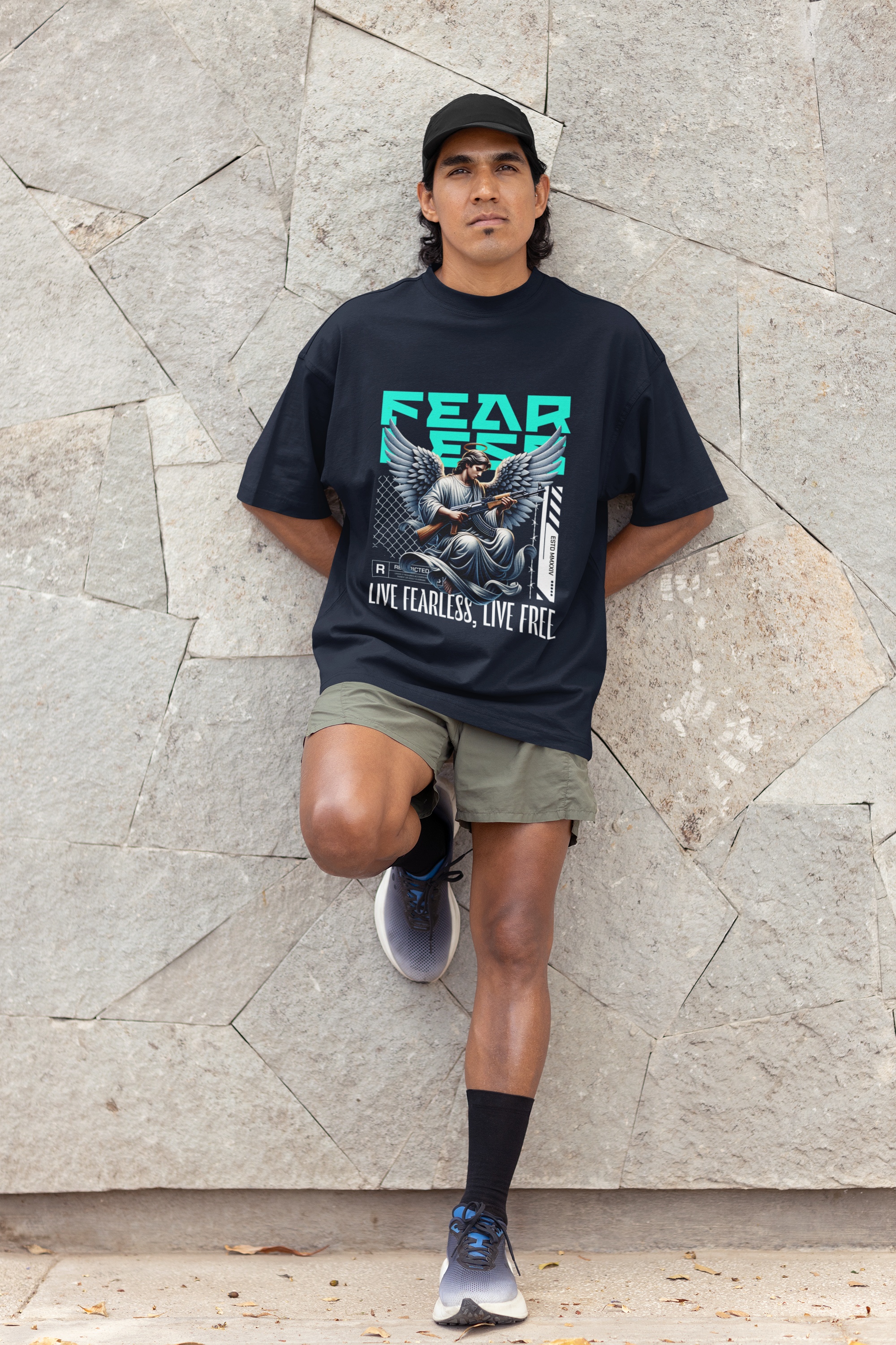 Men's Navy Blue Fearless Oversized Graphic Printed T-Shirt