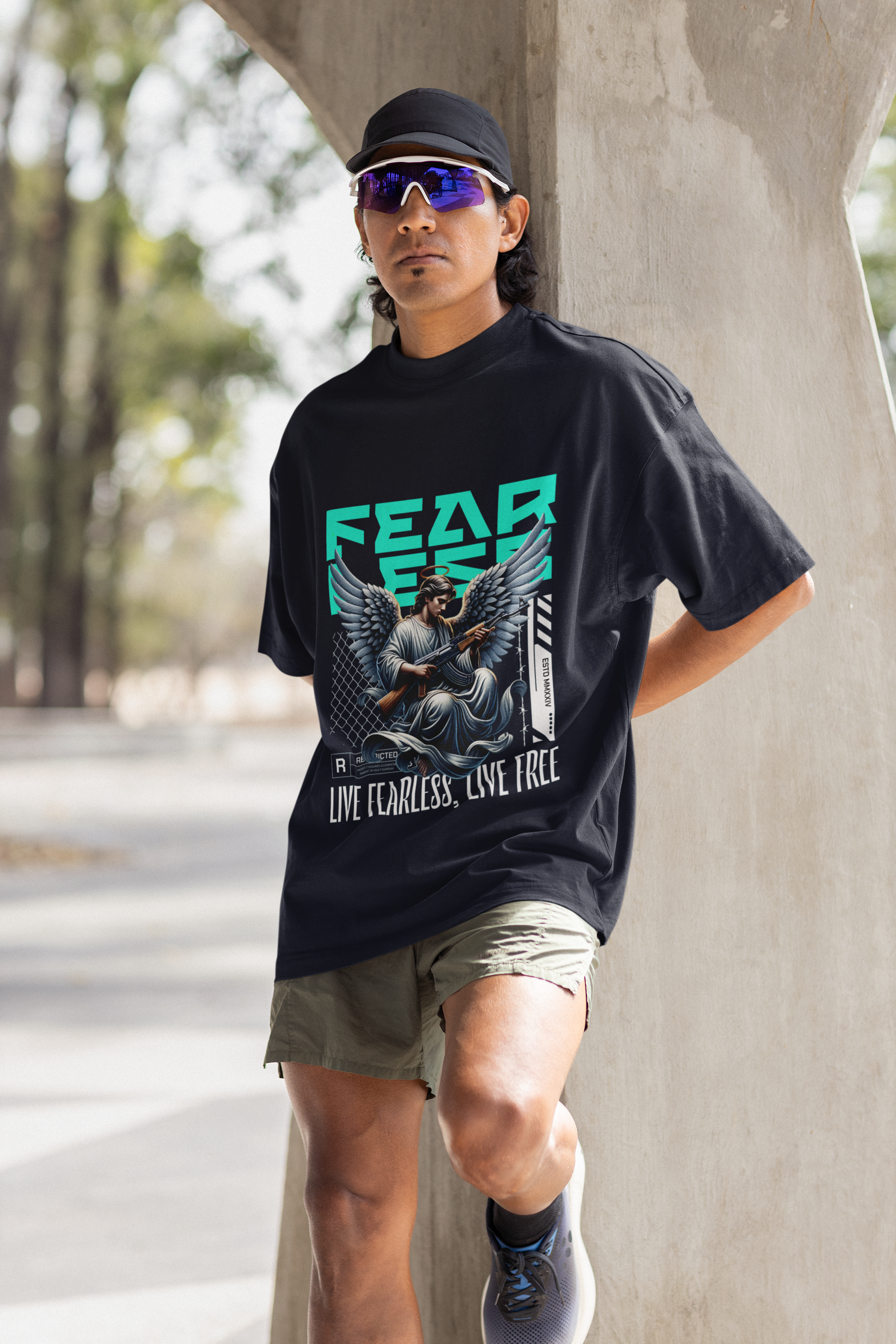 Men's Navy Blue Fearless Oversized Graphic Printed T-Shirt