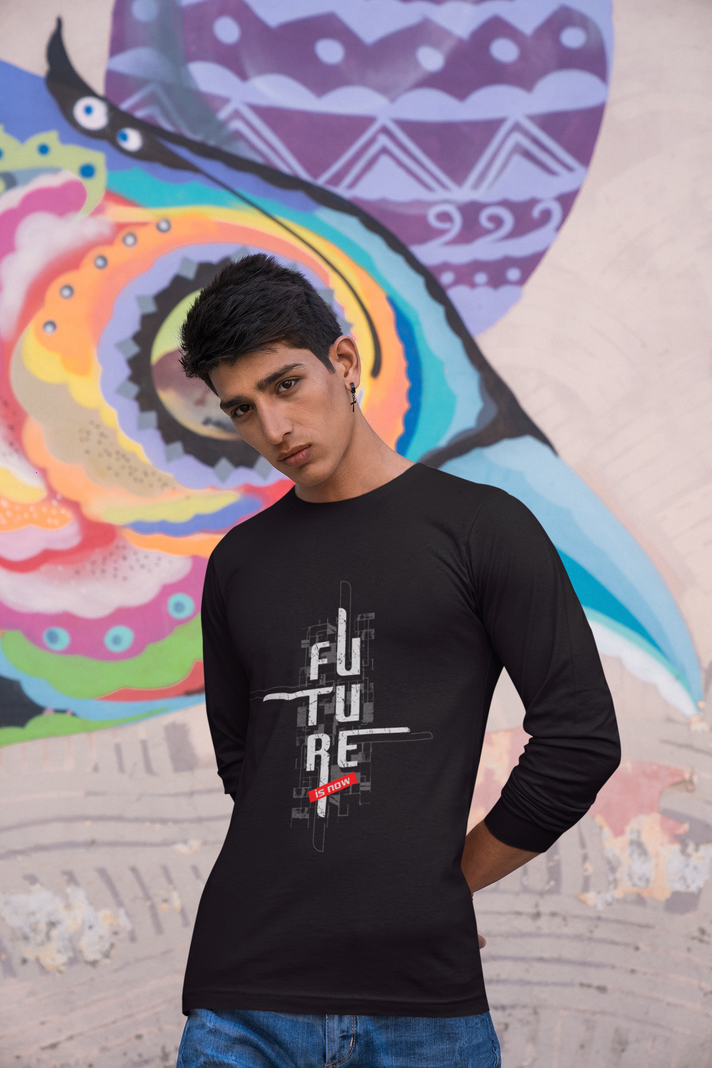 Men's Black Future Graphic Printed Full Sleeve T-Shirt