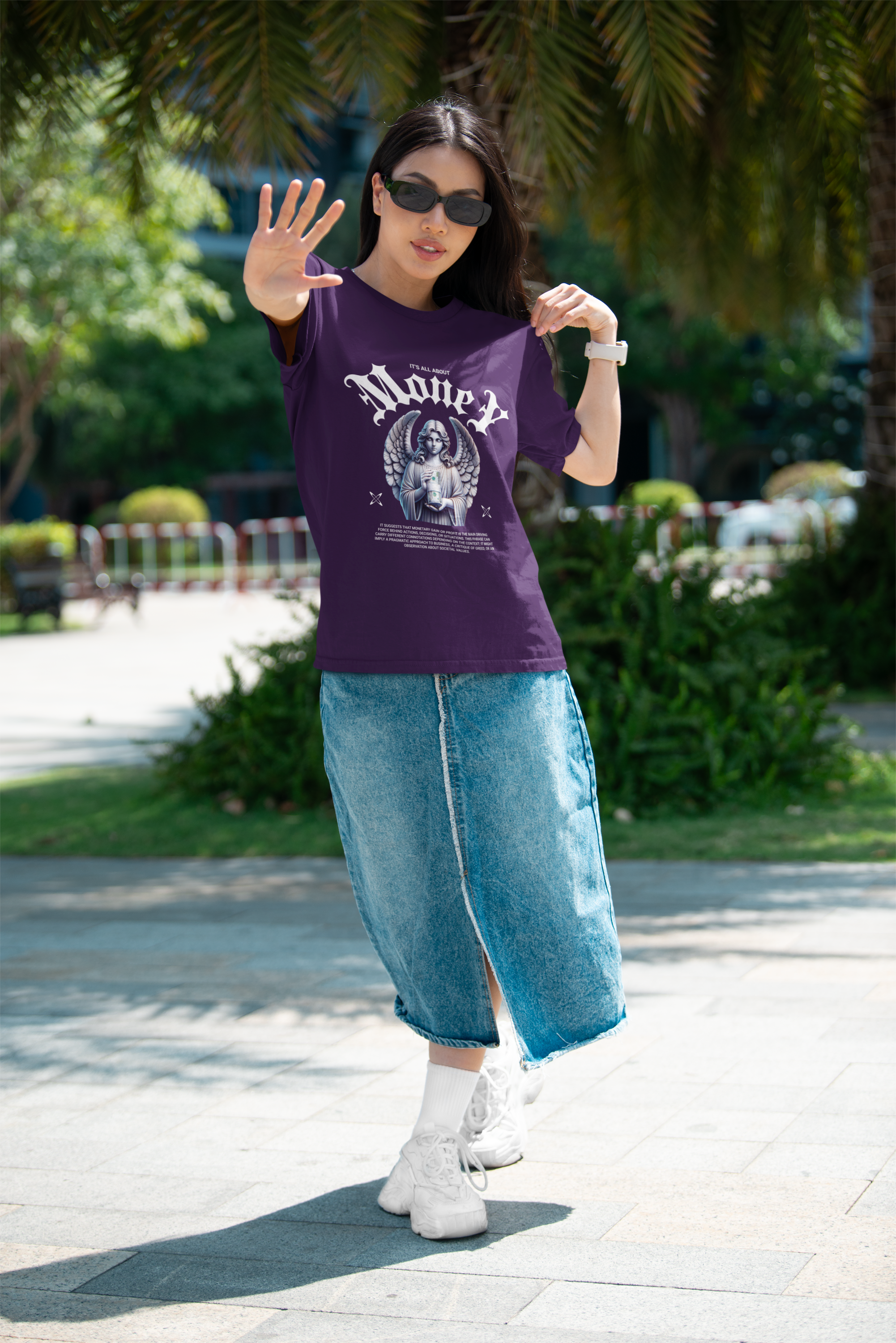 Women's Purple It's All About Money Oversized Printed T-Shirt