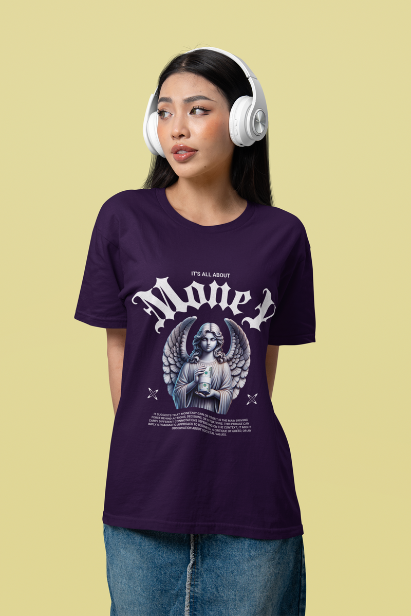 Women's Purple It's All About Money Oversized Printed T-Shirt