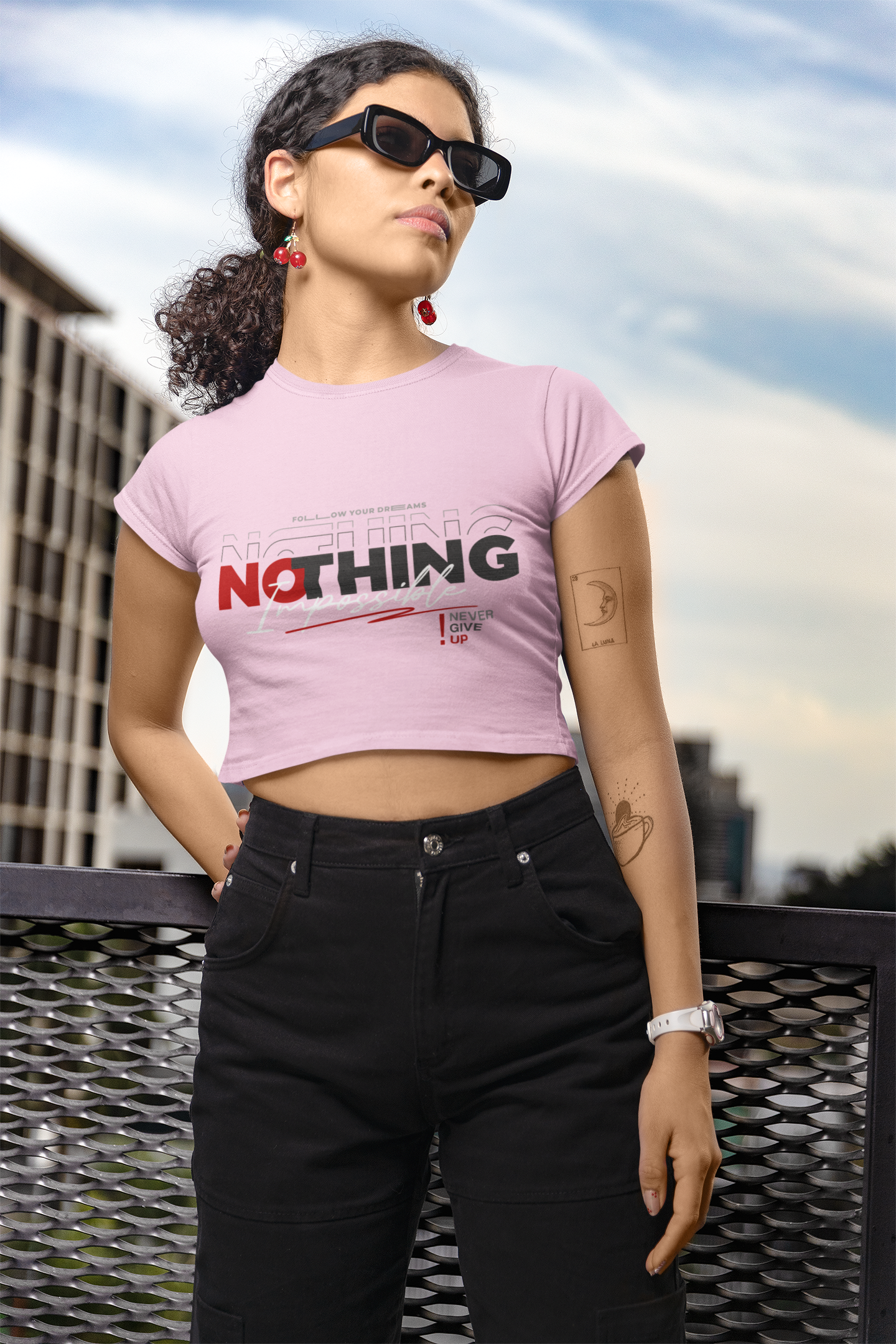 Women's Light Baby Pink Nothing Impossible Graphic Printed Baby Tee