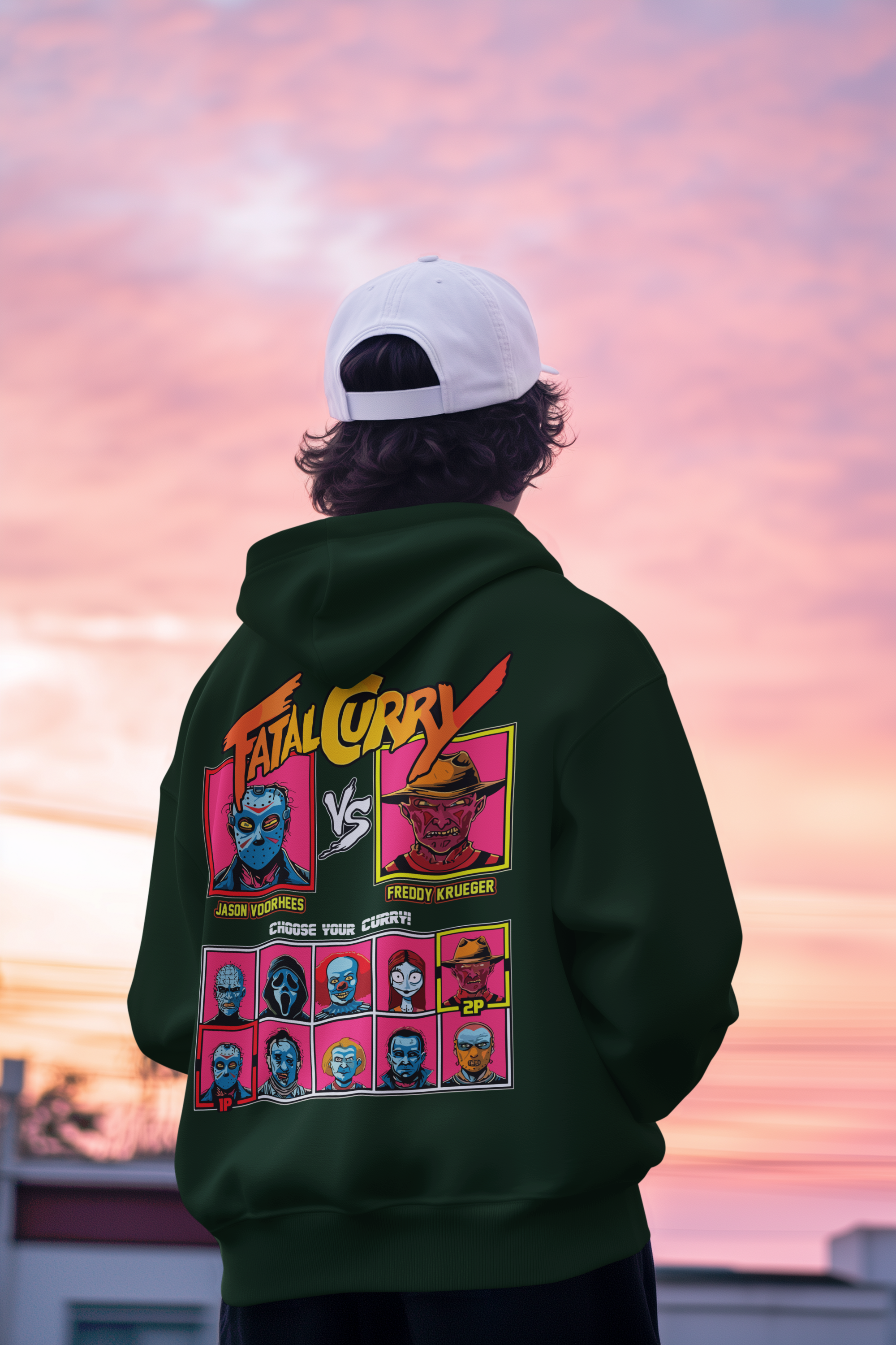 Men's Bottle Green Fatal Curry Printed Oversized Hoodie