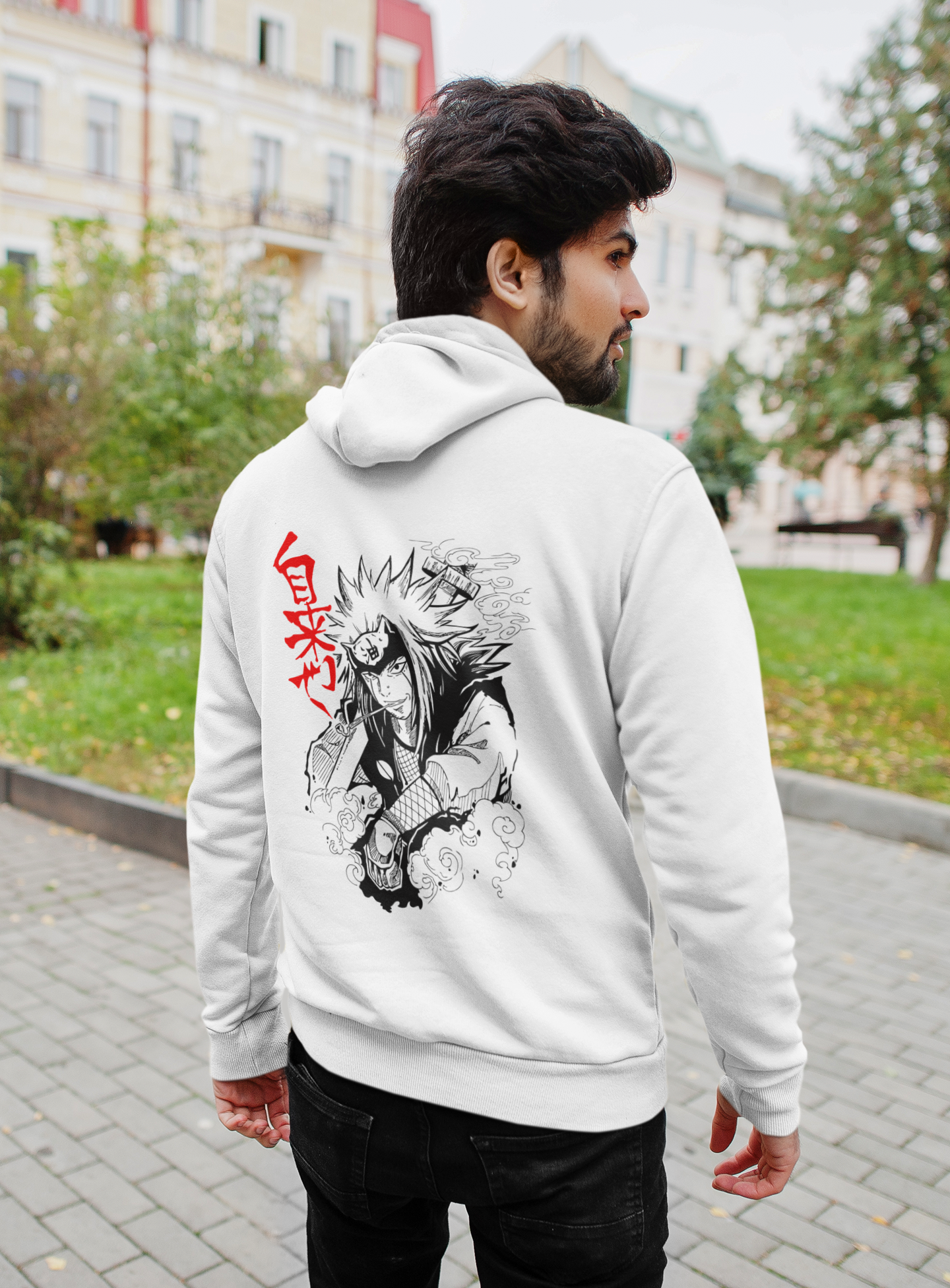 Men's White Naruto Anime Printed Oversized Hoodie