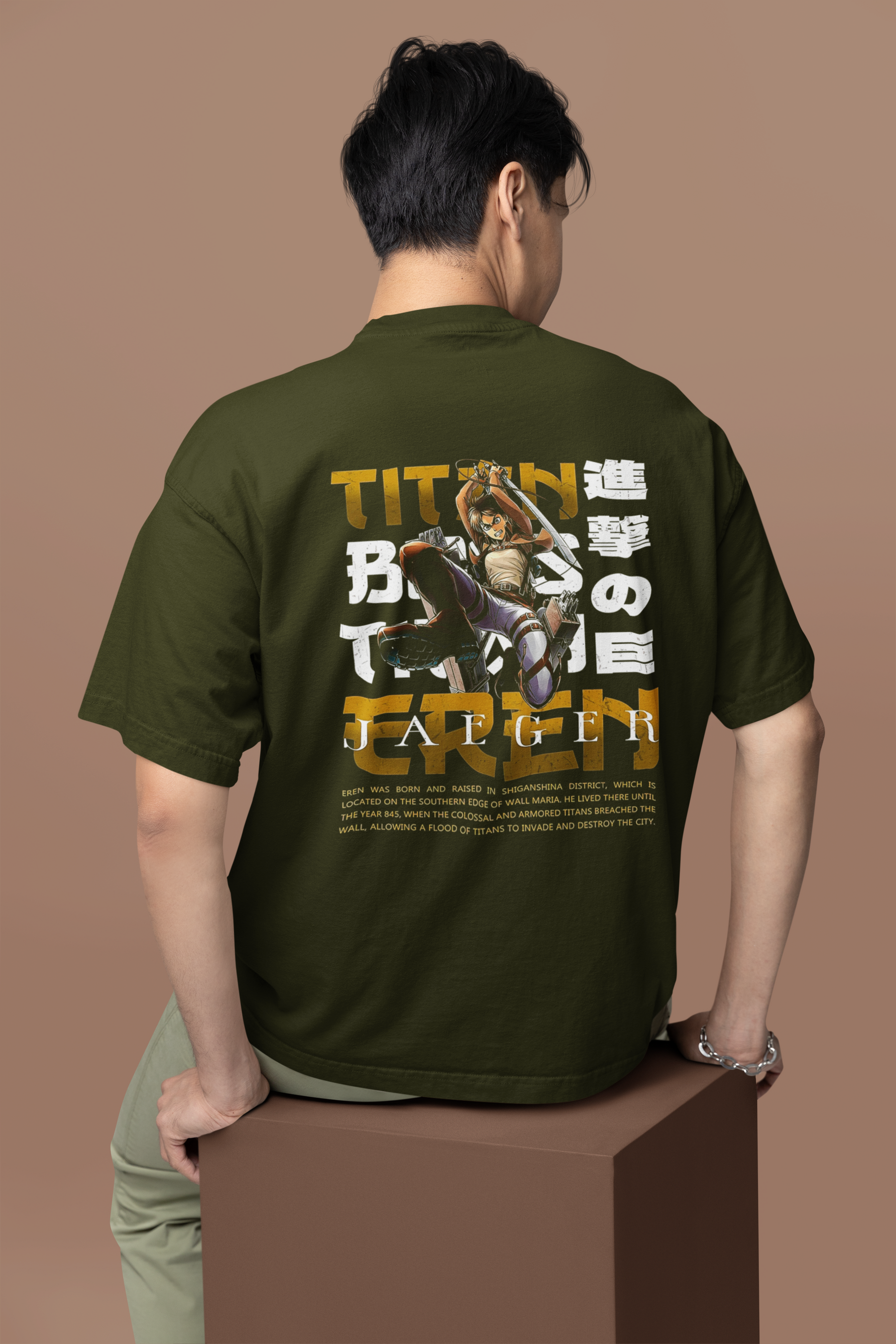 Men's Olive Green Titan Eren Anime Special Oversized Printed T-Shirt