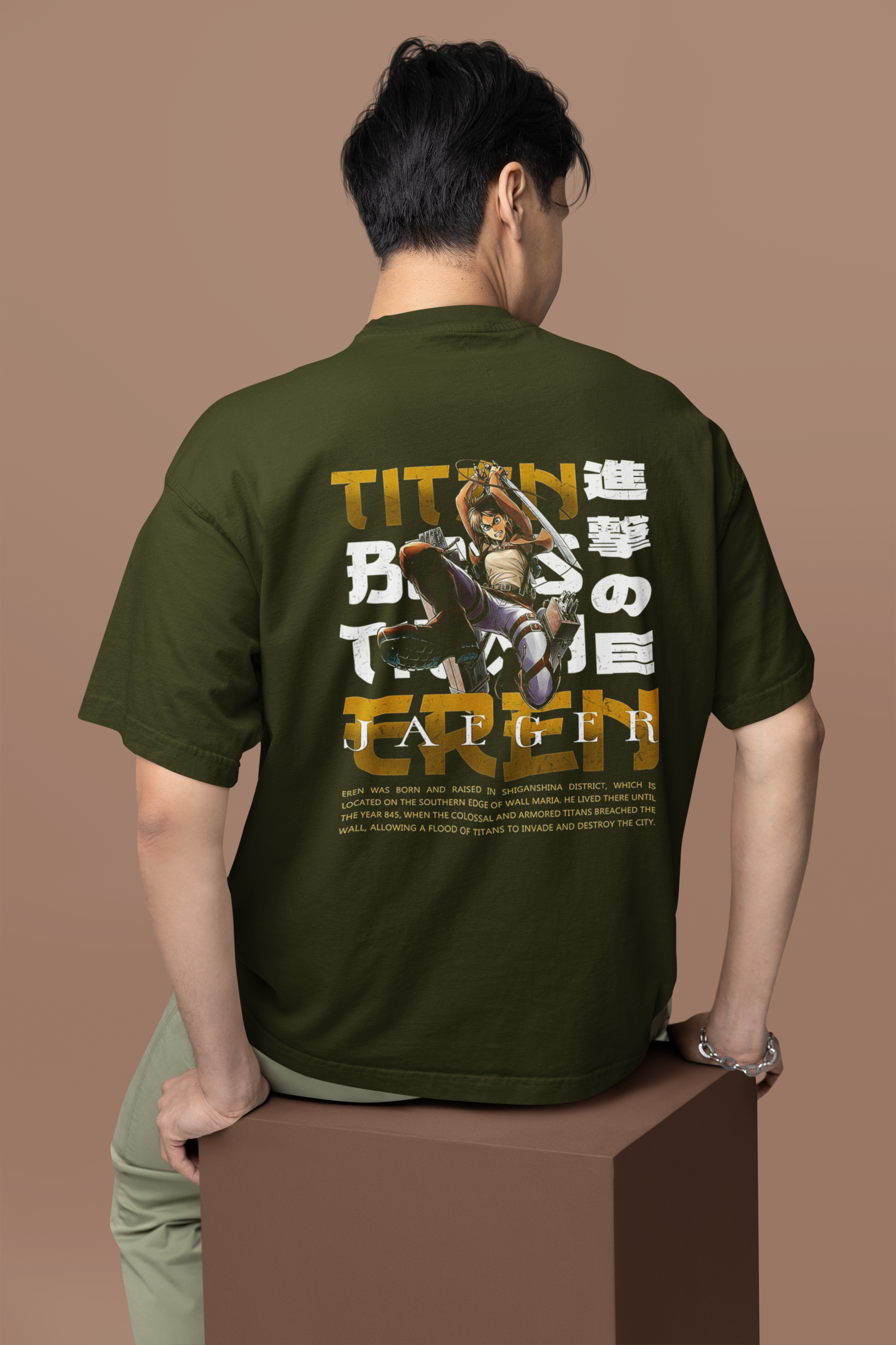 Men's Olive Green Titan Eren Anime Special Oversized Printed T-Shirt