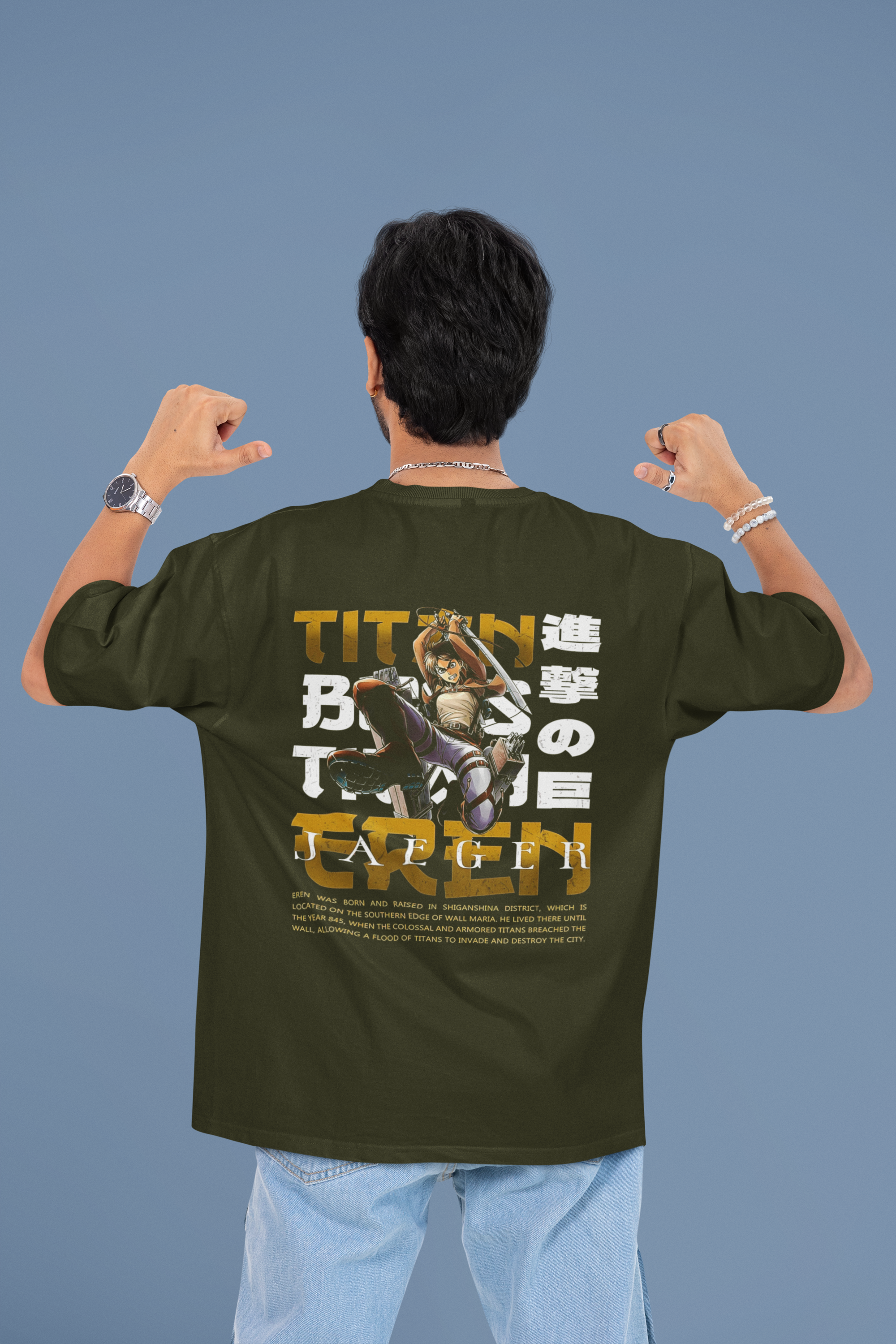 Men's Olive Green Titan Eren Anime Special Oversized Printed T-Shirt