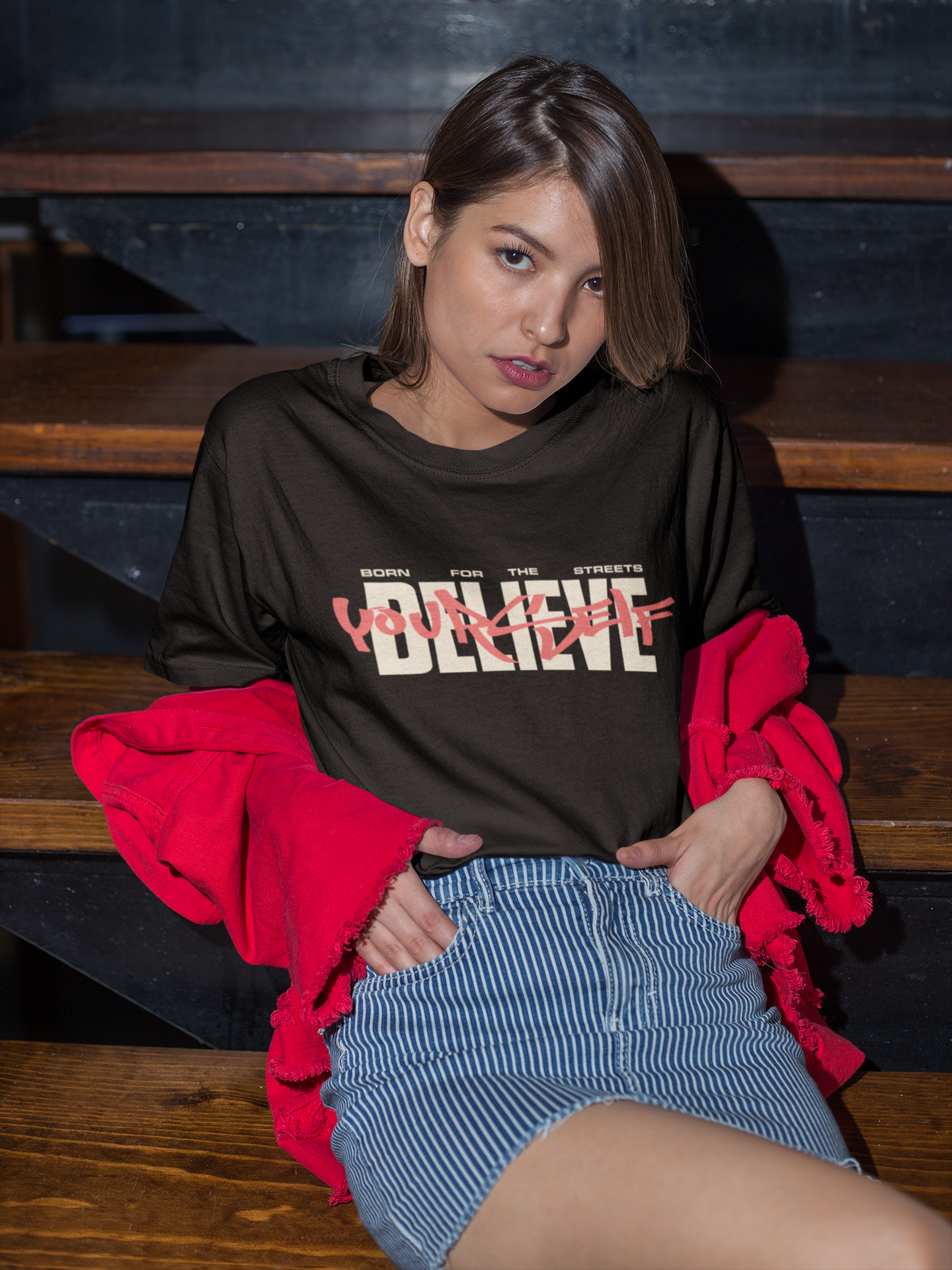 Women's Black Believe Yourself Oversized Printed T-Shirt