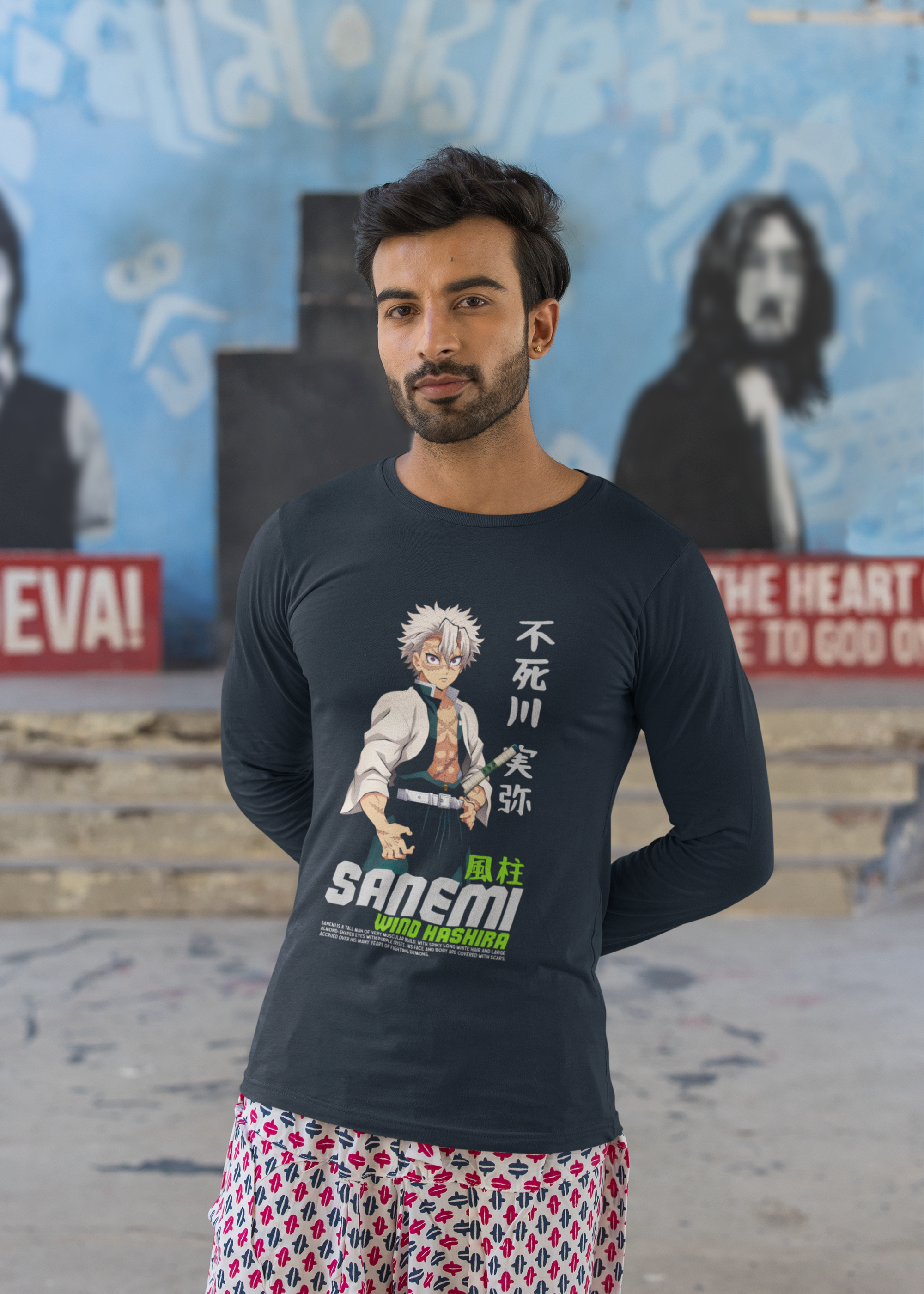 Men's Navy Blue Sanemi Wind Hashira Anime Full Sleeve T-Shirt