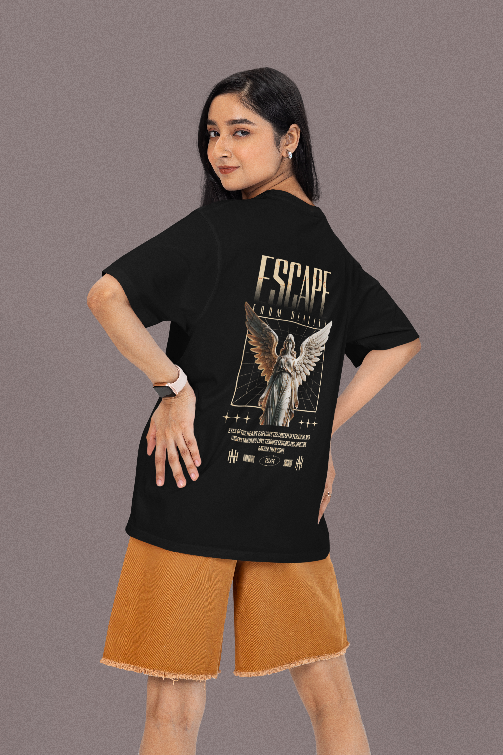 Women's Black Escape From Reality Oversized Printed T-Shirt