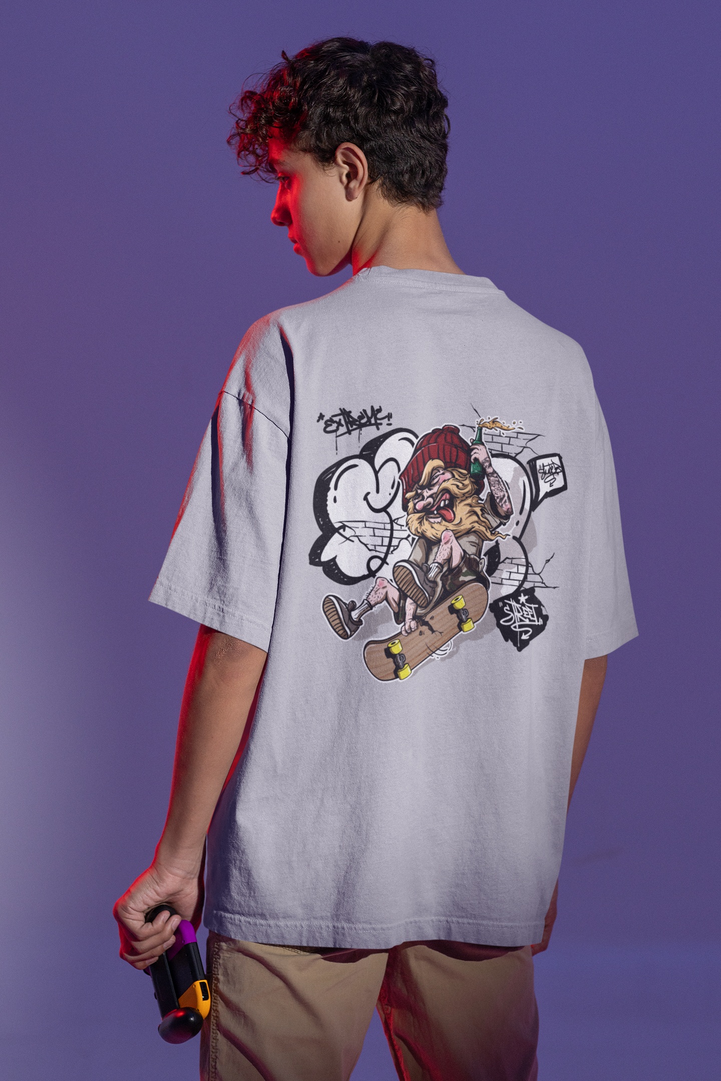 Men's Grey Melange Extreme Oversized Printed T-shirt