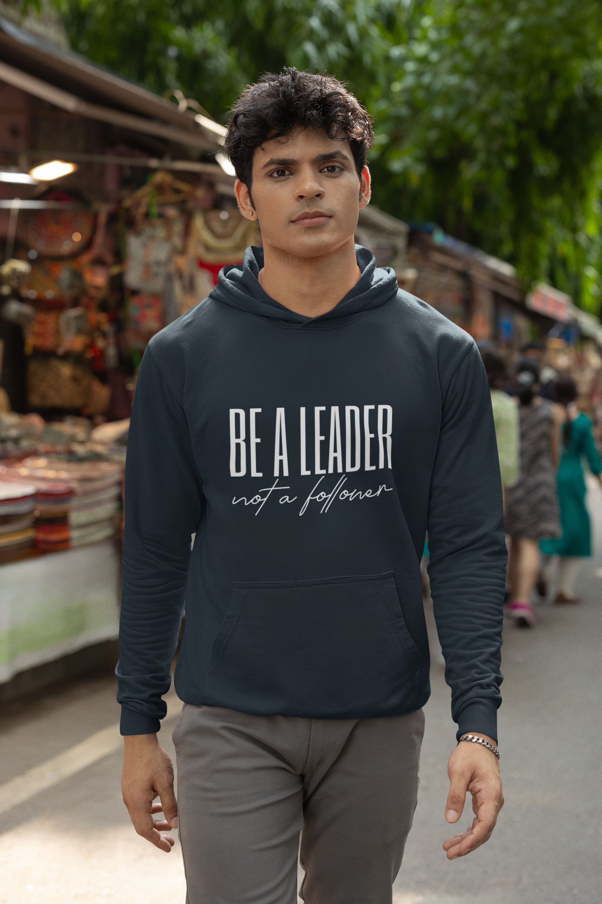 Men's Navy Blue Be A Leader Not A Follower Printed Hoodie