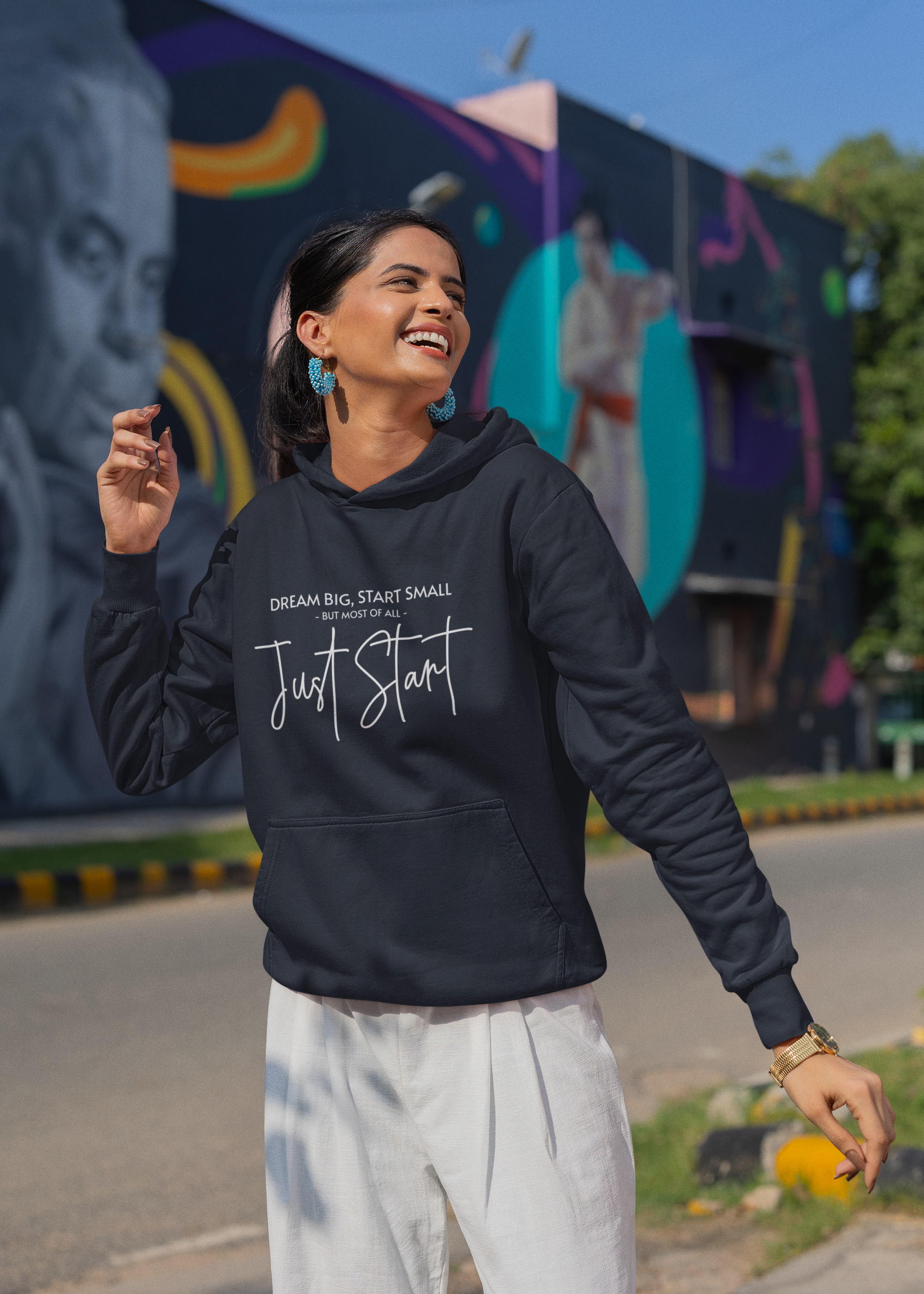 Women's Navy Blue Just Start Printed Oversized Hoodie