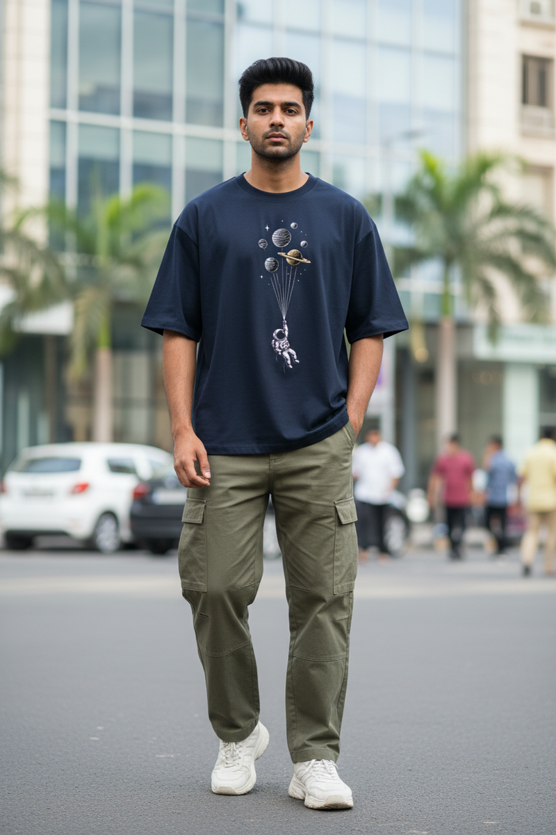 Indian Young Man Navy Blue Oversized Tee Mockup