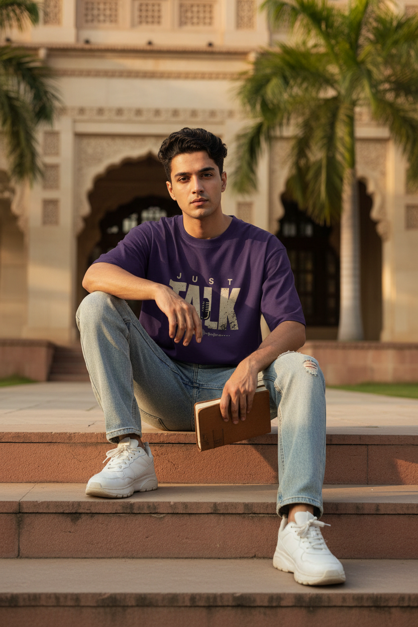 Just Talk Purple Tee Different Model & Style