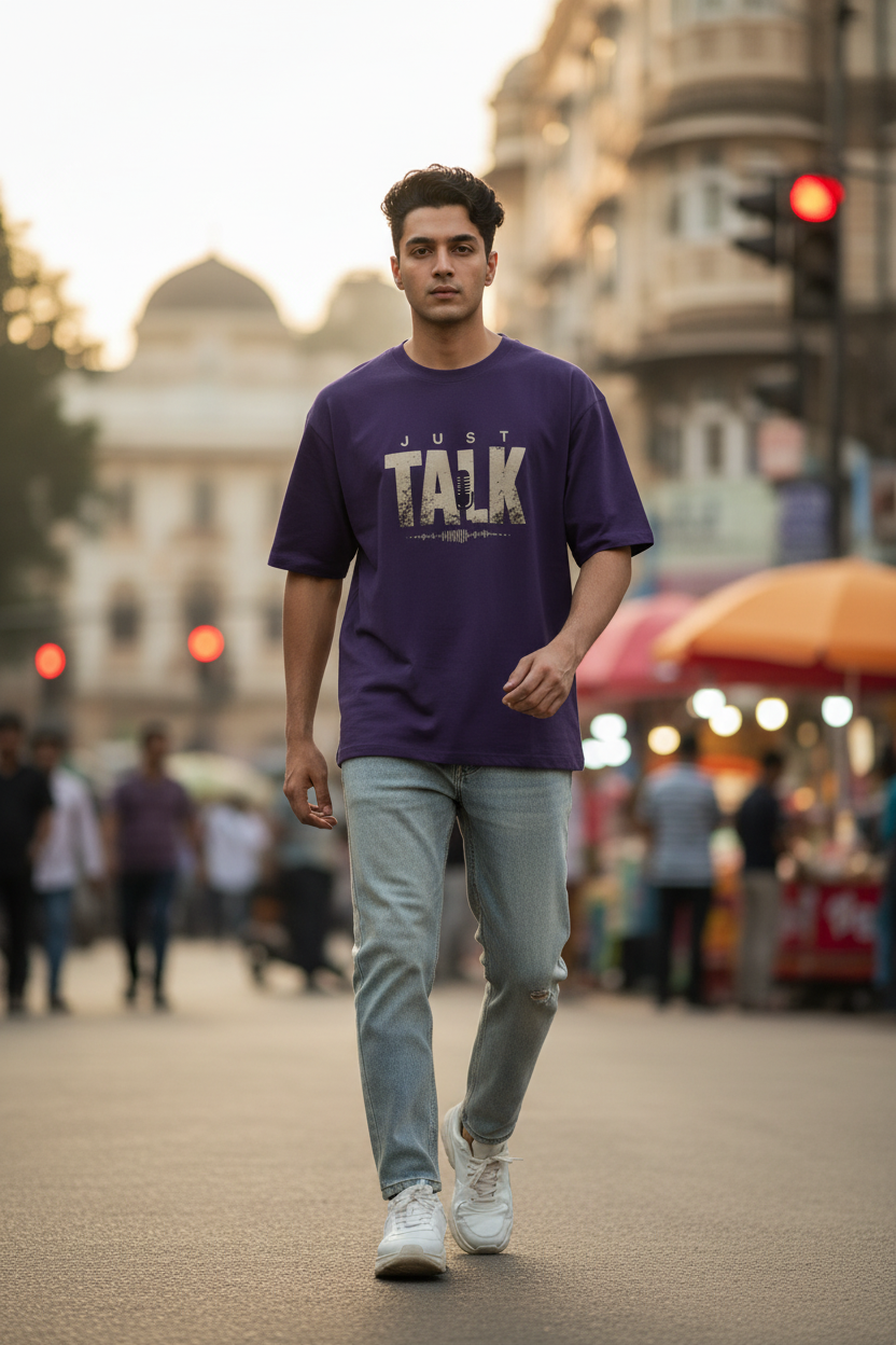 Just Talk Purple Tee Walking Pose New Location
