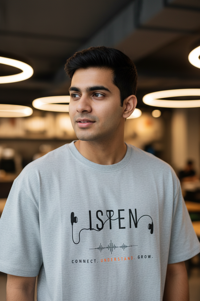 Listen Grey Melange Tee Zoomed Mockup