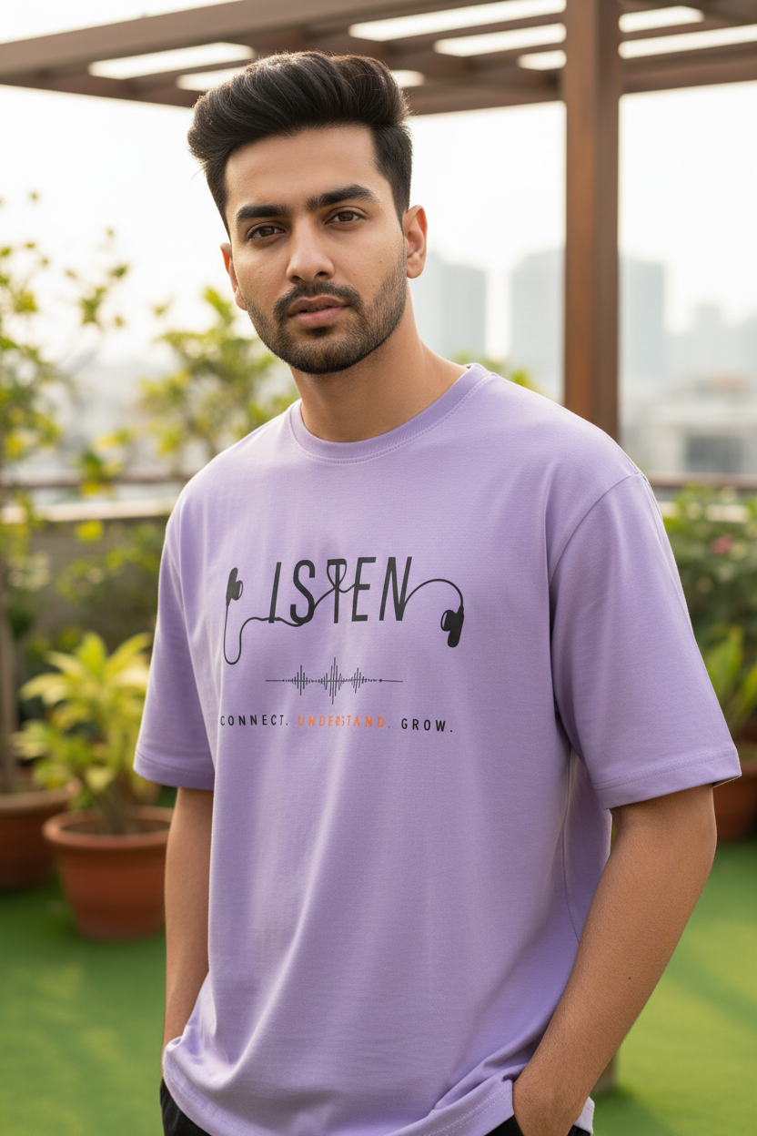 Listen Lavender Tee Zoomed Mockup New Model
