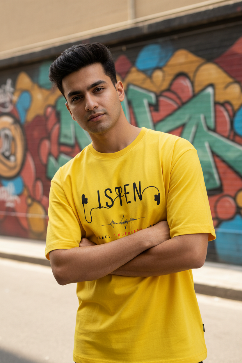 Listen Yellow Tee Zoomed Mockup New Model