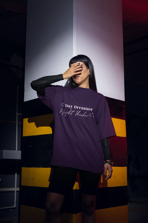 Women's Purple Day Dreamer Night Thinker Oversized Printed T-Shirt