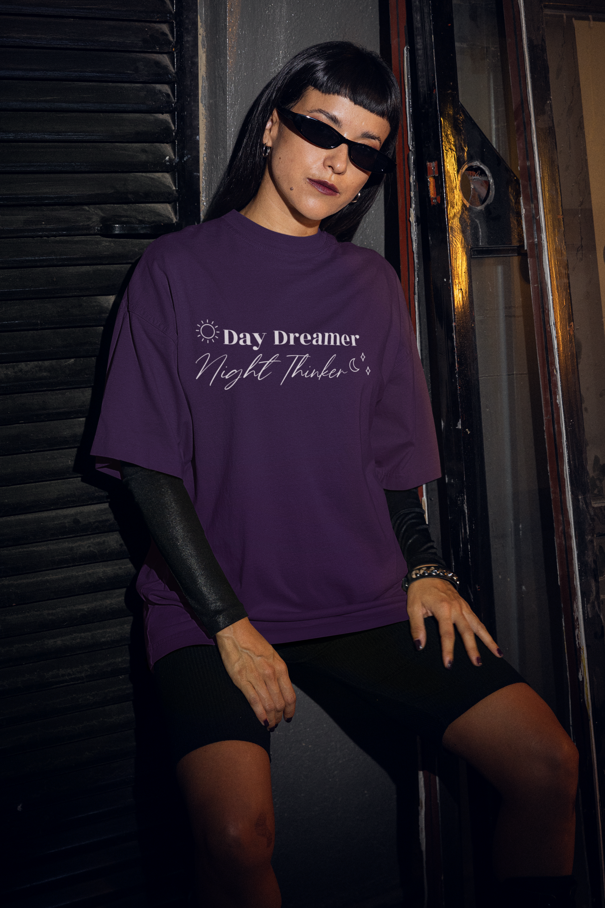 Women's Purple Day Dreamer Night Thinker Oversized Printed T-Shirt