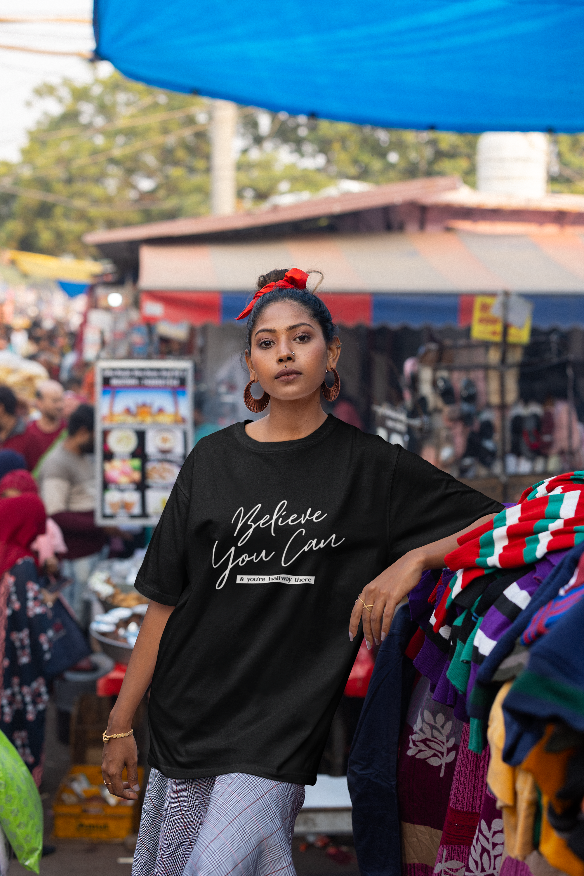 Women's Black Believe You Can Oversized Printed T-Shirt