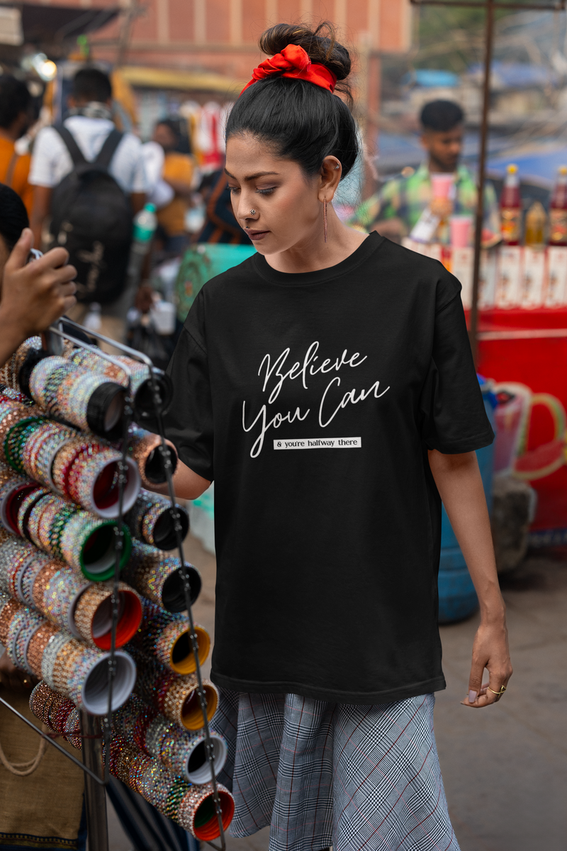 Women's Black Believe You Can Oversized Printed T-Shirt