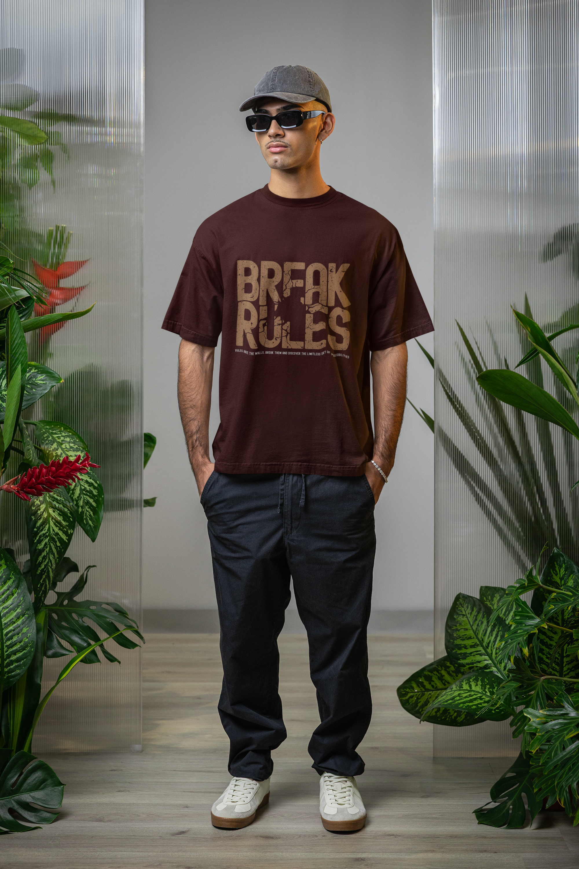 Men's Maroon Break Rules Printed Oversized T-Shirt