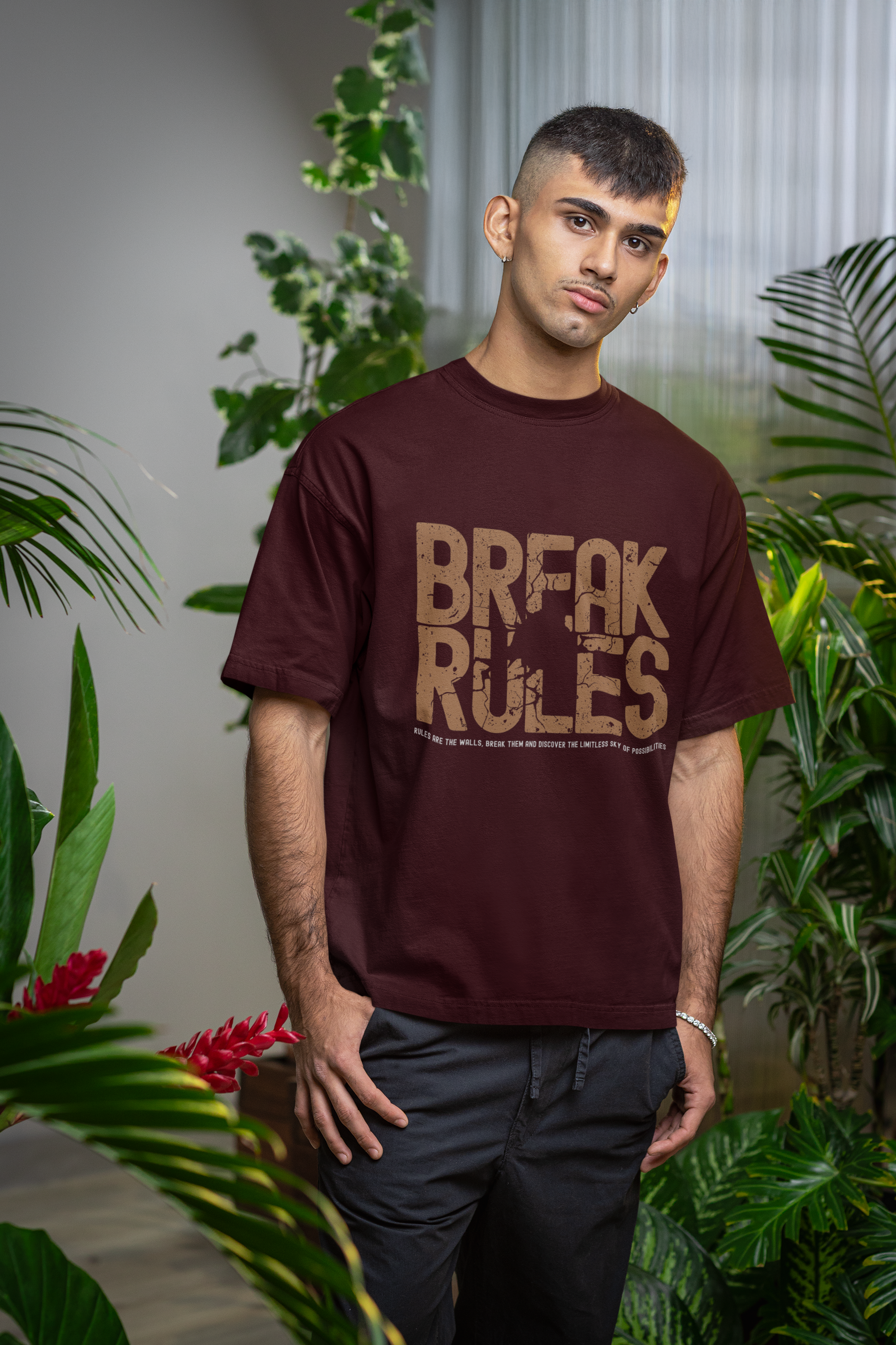 Men's Maroon Break Rules Printed Oversized T-Shirt