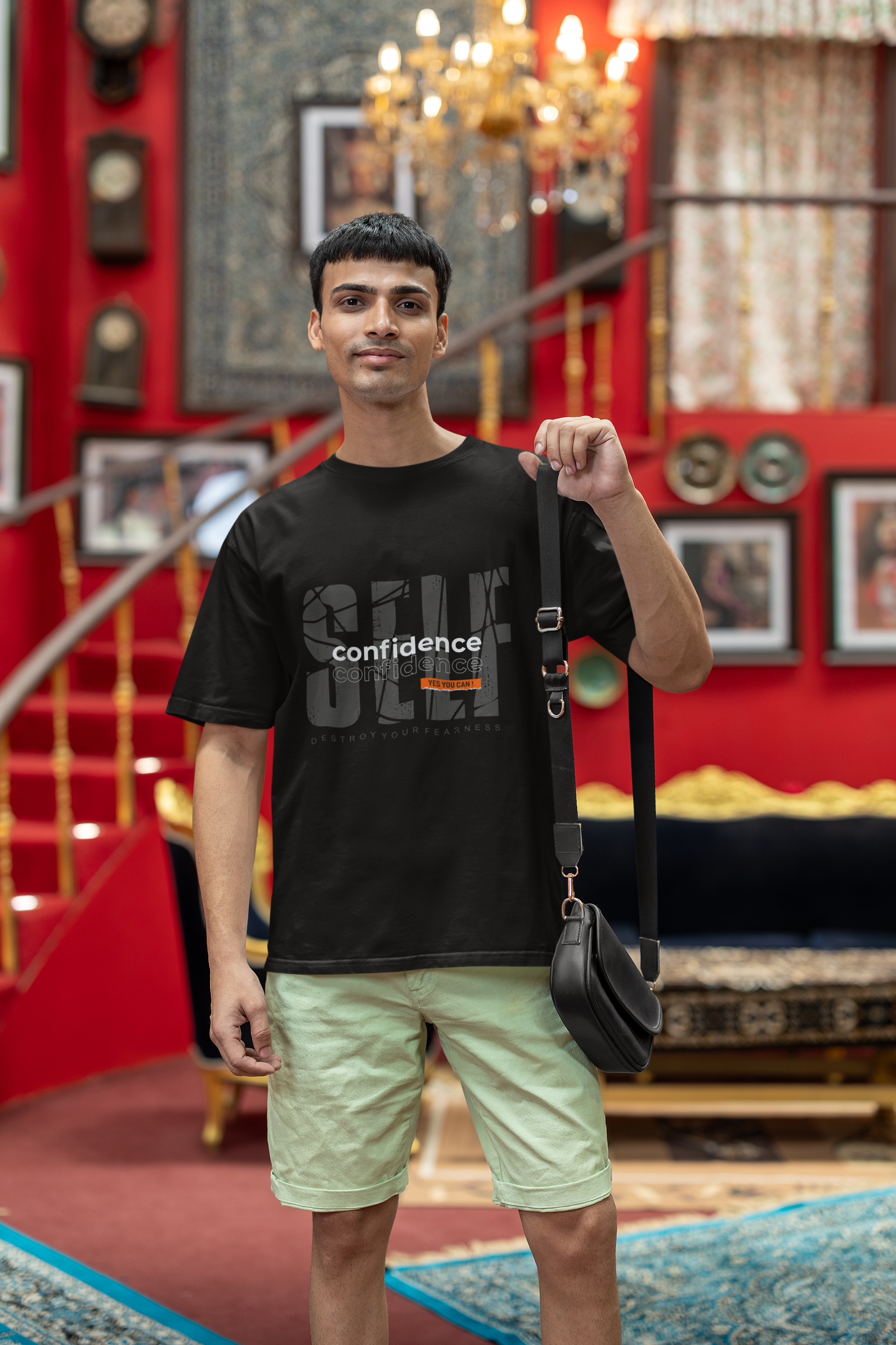 Men's Black Self Confidence Oversized Printed T-shirt