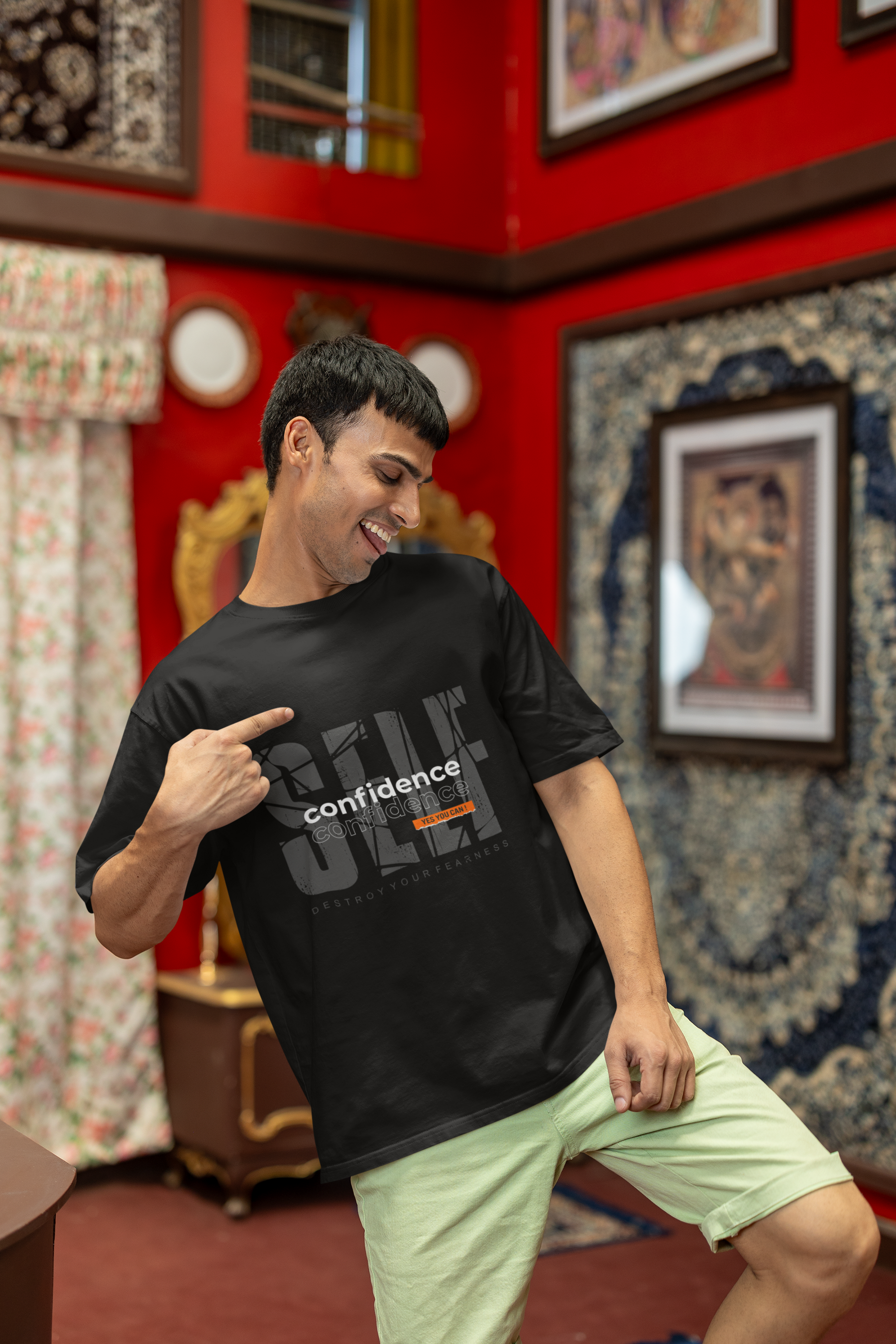 Men's Black Self Confidence Oversized Printed T-shirt