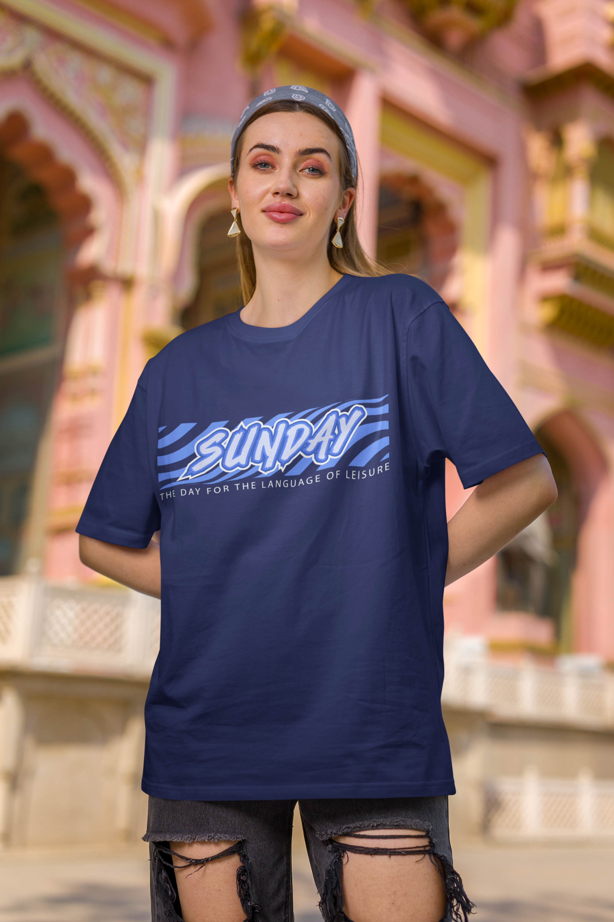 Women's Royal Blue Sunday Oversized Printed T-Shirt