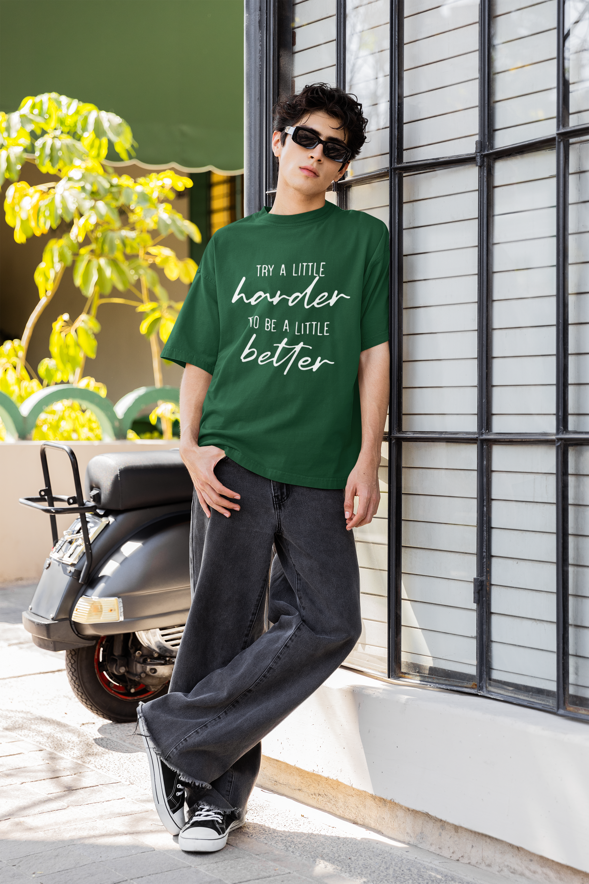 Men's Bottle Green Try A Little Harder Oversized Printed T-shirt