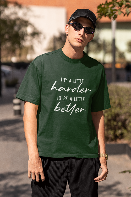 Men's Bottle Green Try A Little Harder Oversized Printed T-shirt