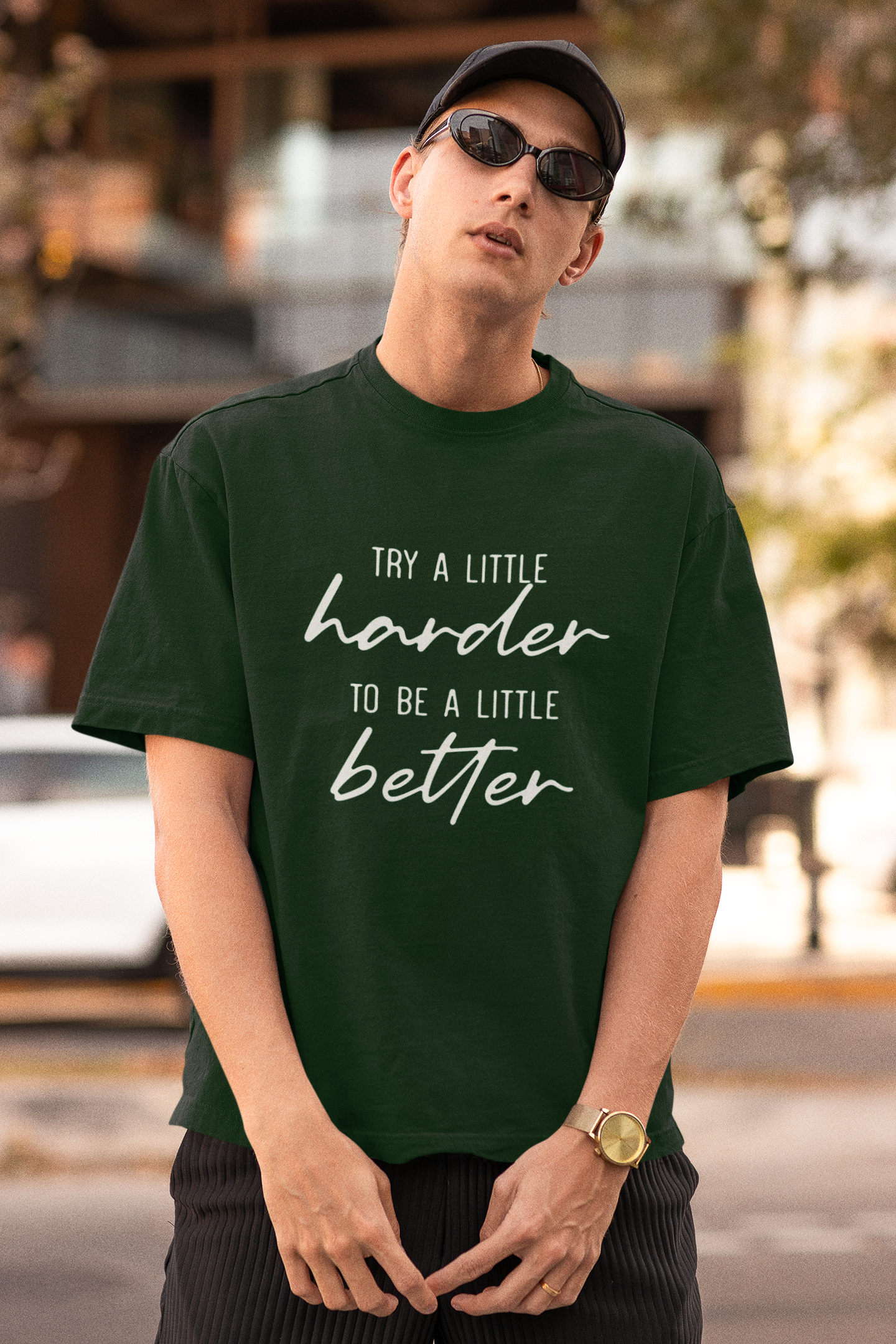 Men's Bottle Green Try A Little Harder Oversized Printed T-shirt