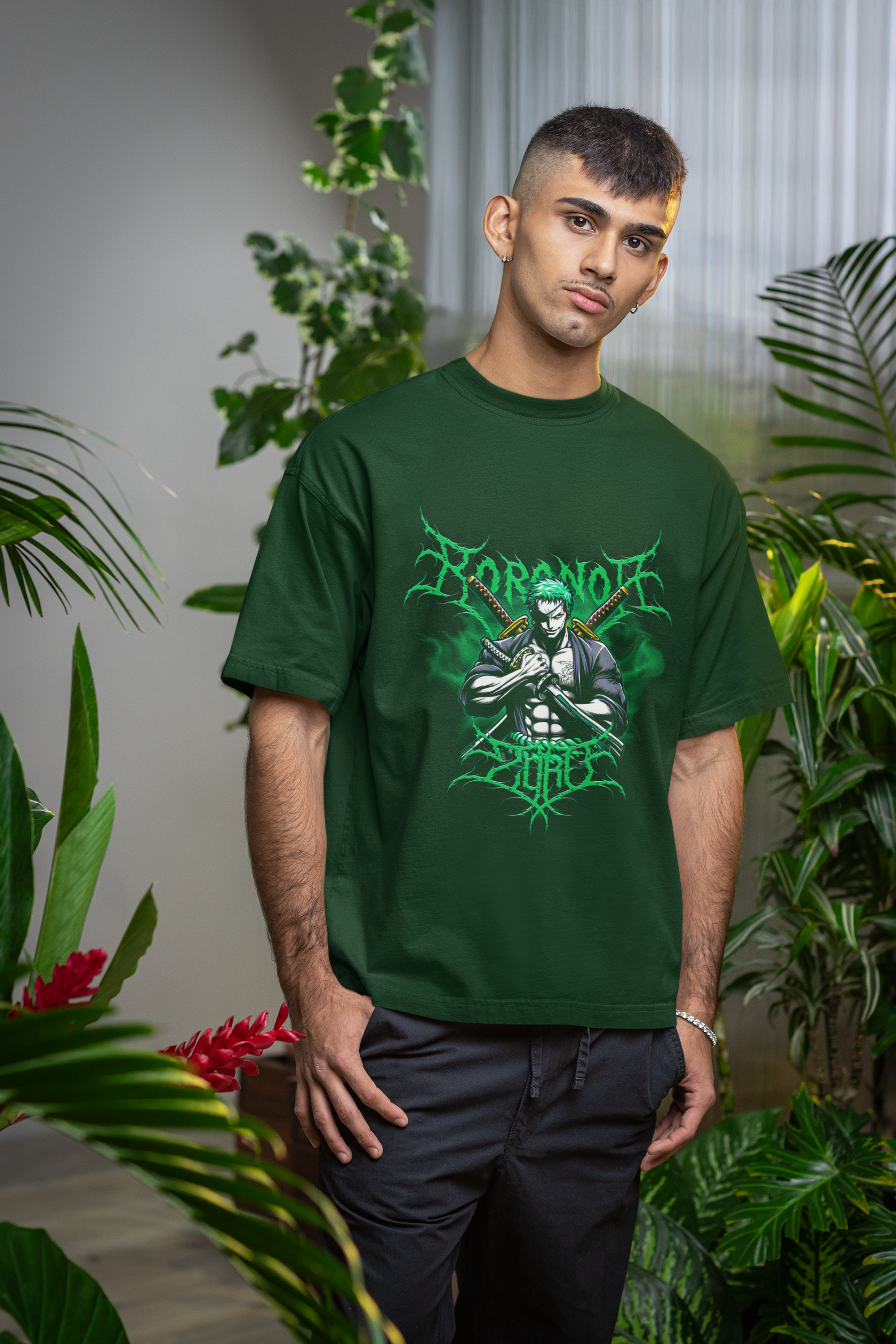 Men's Bottle Green Zoro Anime Special Oversized Printed T-Shirt