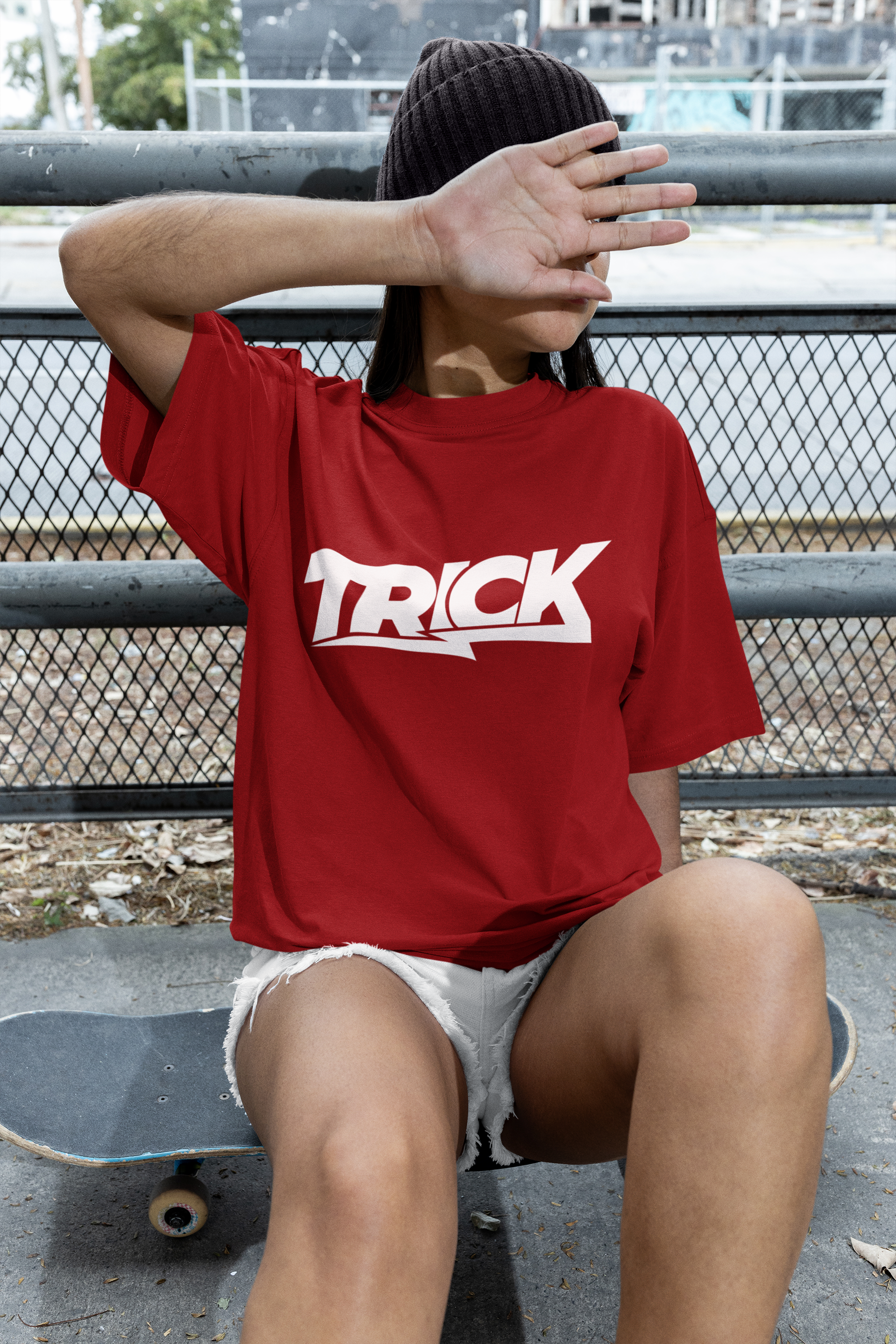 Women's Red Trick Oversized Printed T-Shirt