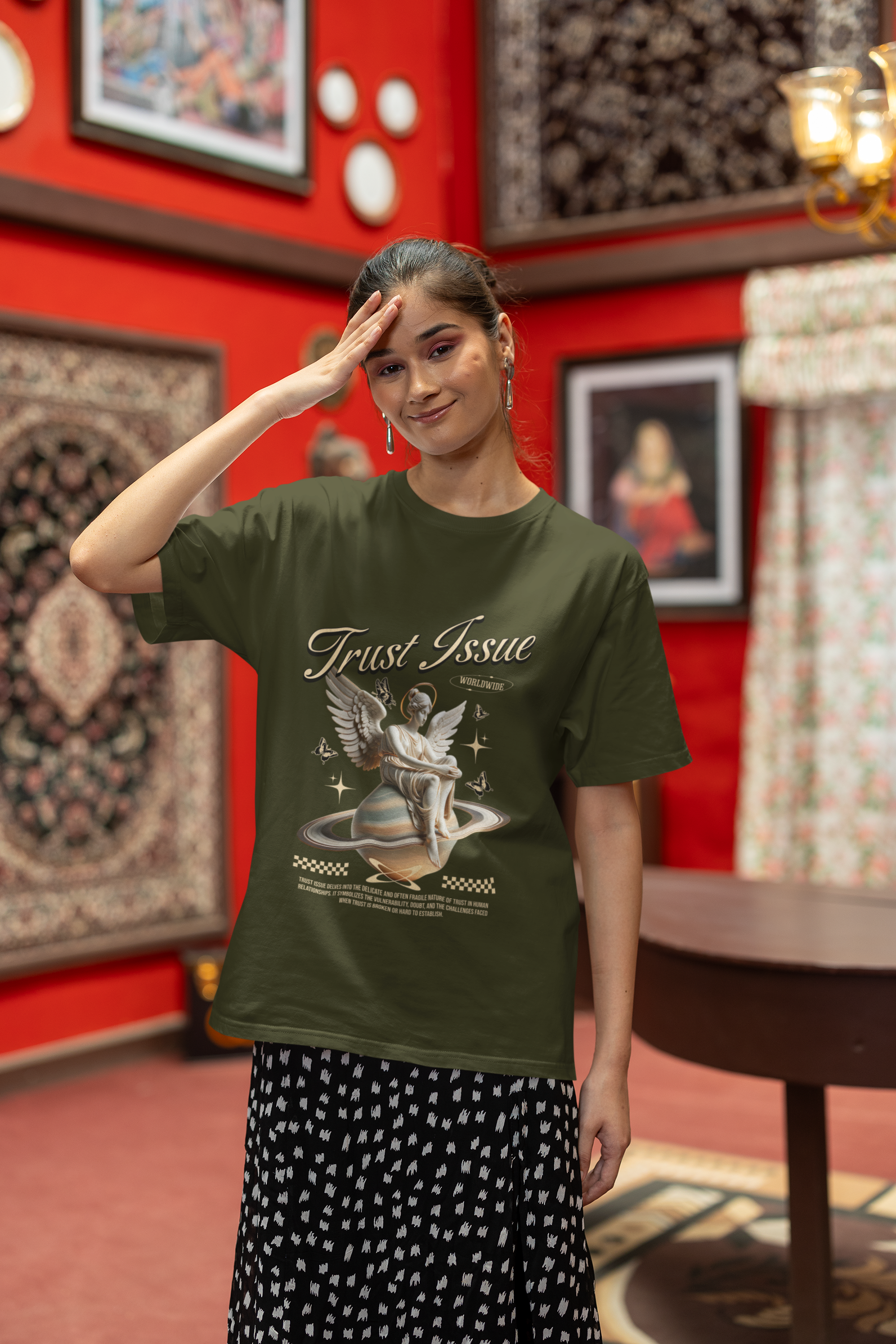 Women's Olive Green Trust Issue Oversized Printed T-Shirt