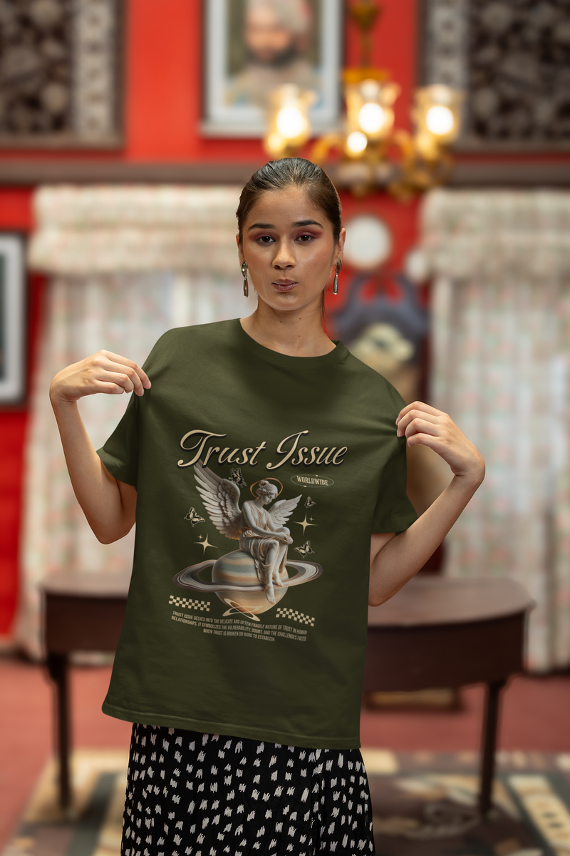 Women's Olive Green Trust Issue Oversized Printed T-Shirt