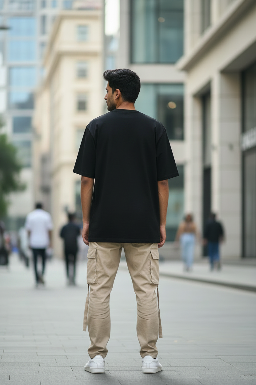 Plain Black Oversized Tee Back View Model Mockup