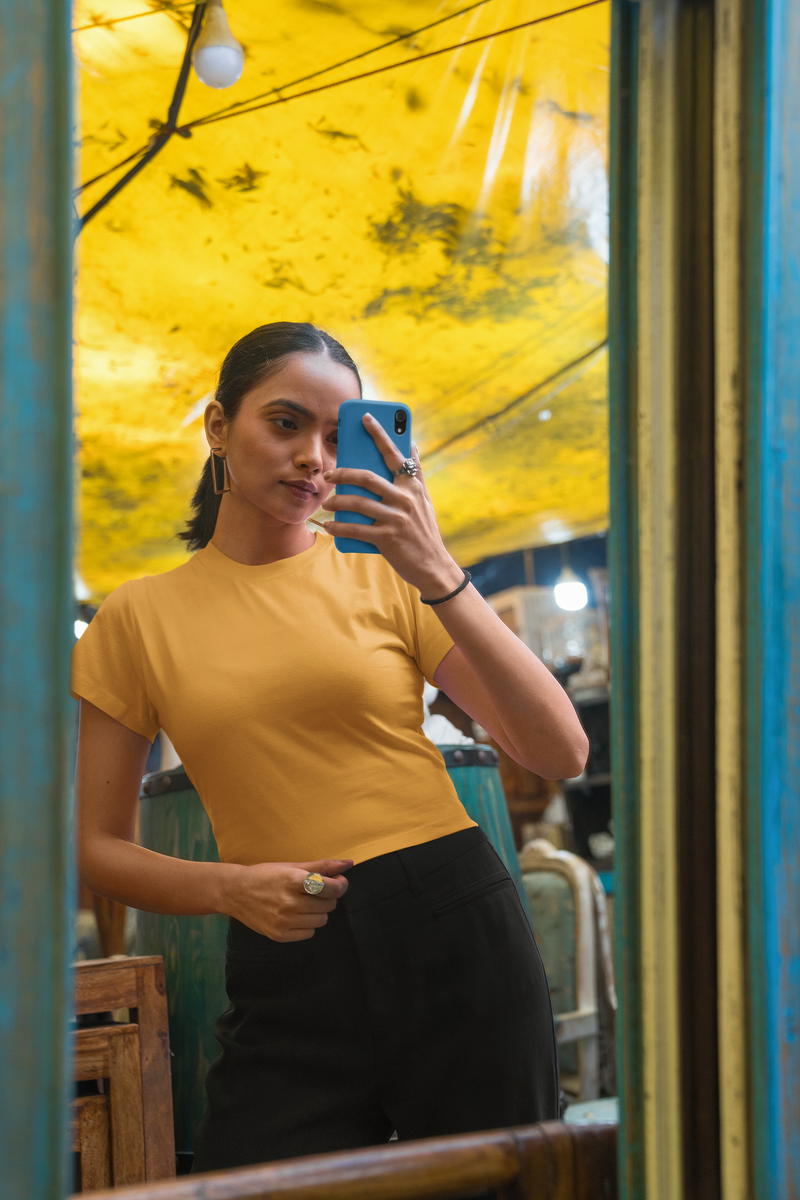 Women's Golden Yellow Plain Beauty Slim Fit Crop Top
