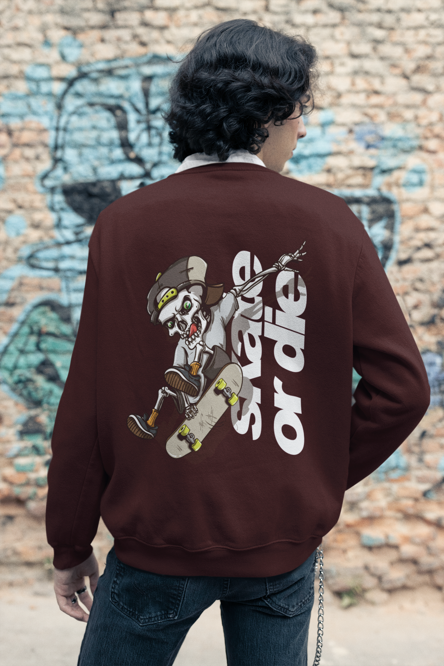 Men's Maroon Skate or Die Printed Oversized Sweatshirt