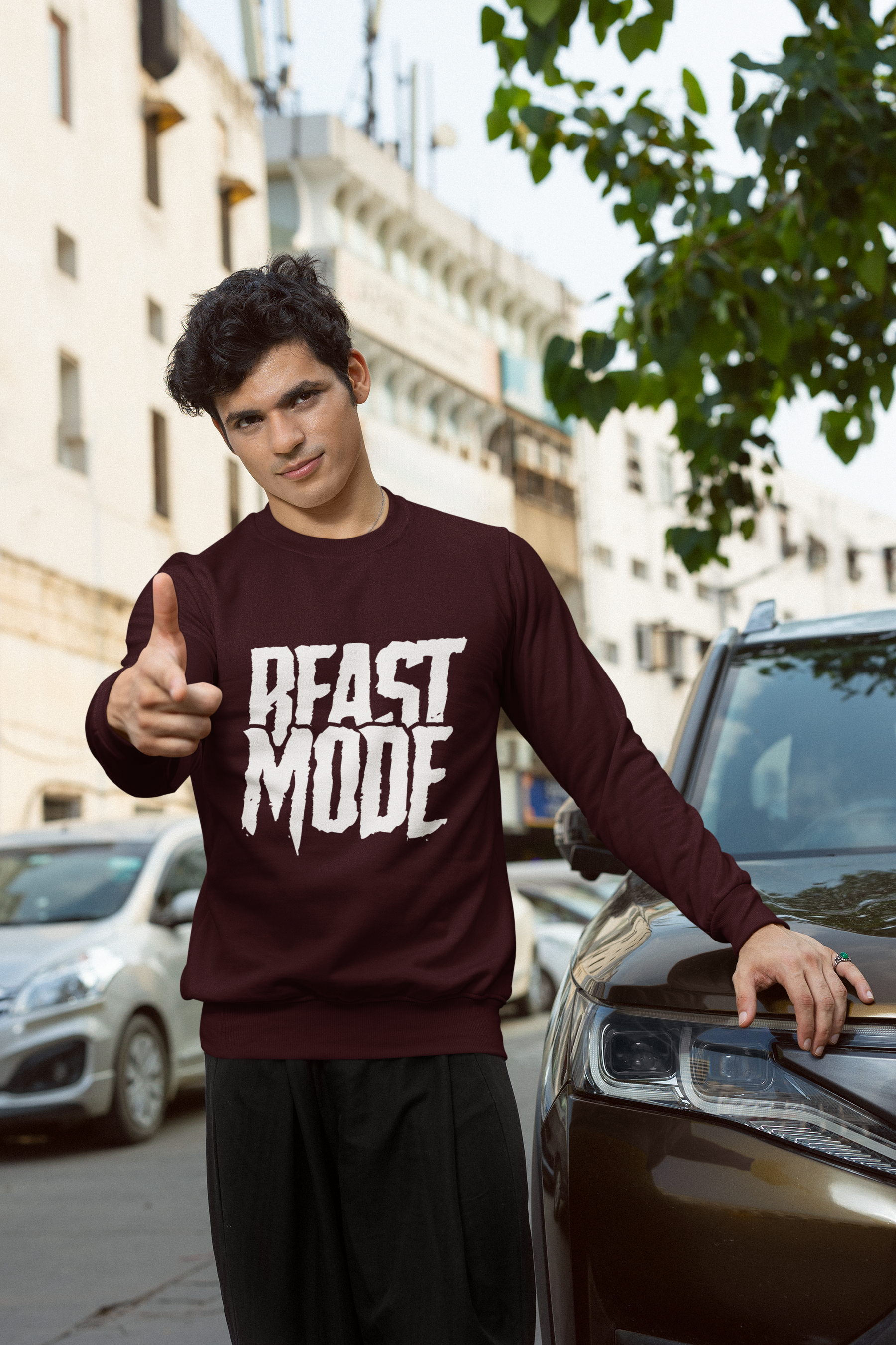 Men's Maroon Beast Mode Graphic Printed Sweatshirt
