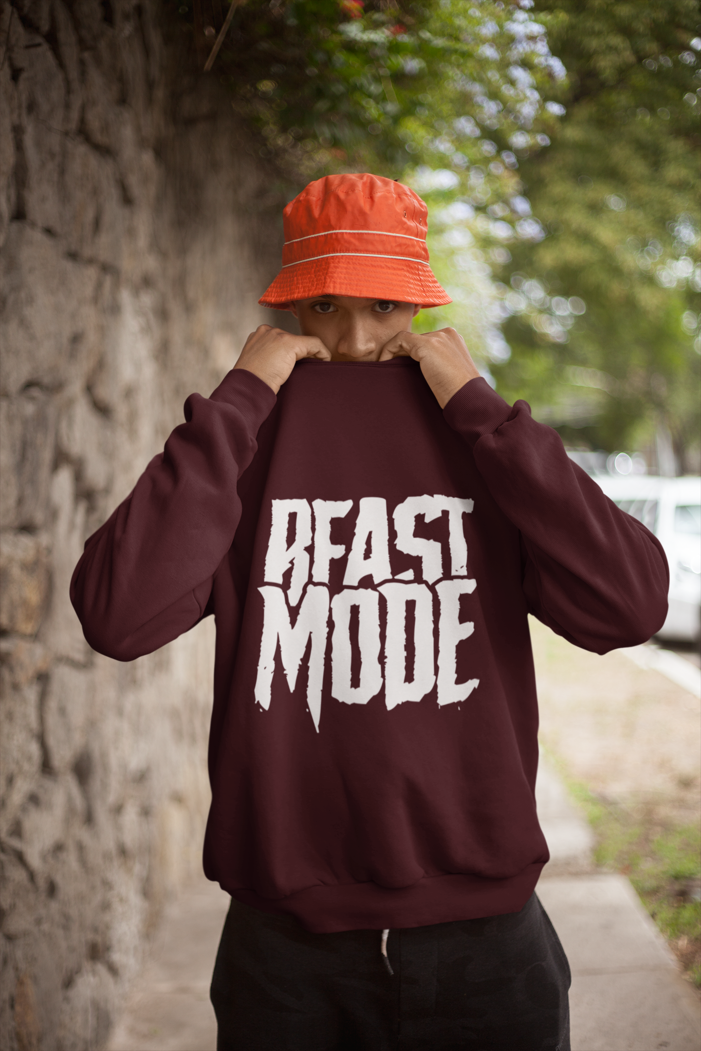 Men's Maroon Beast Mode Graphic Printed Sweatshirt