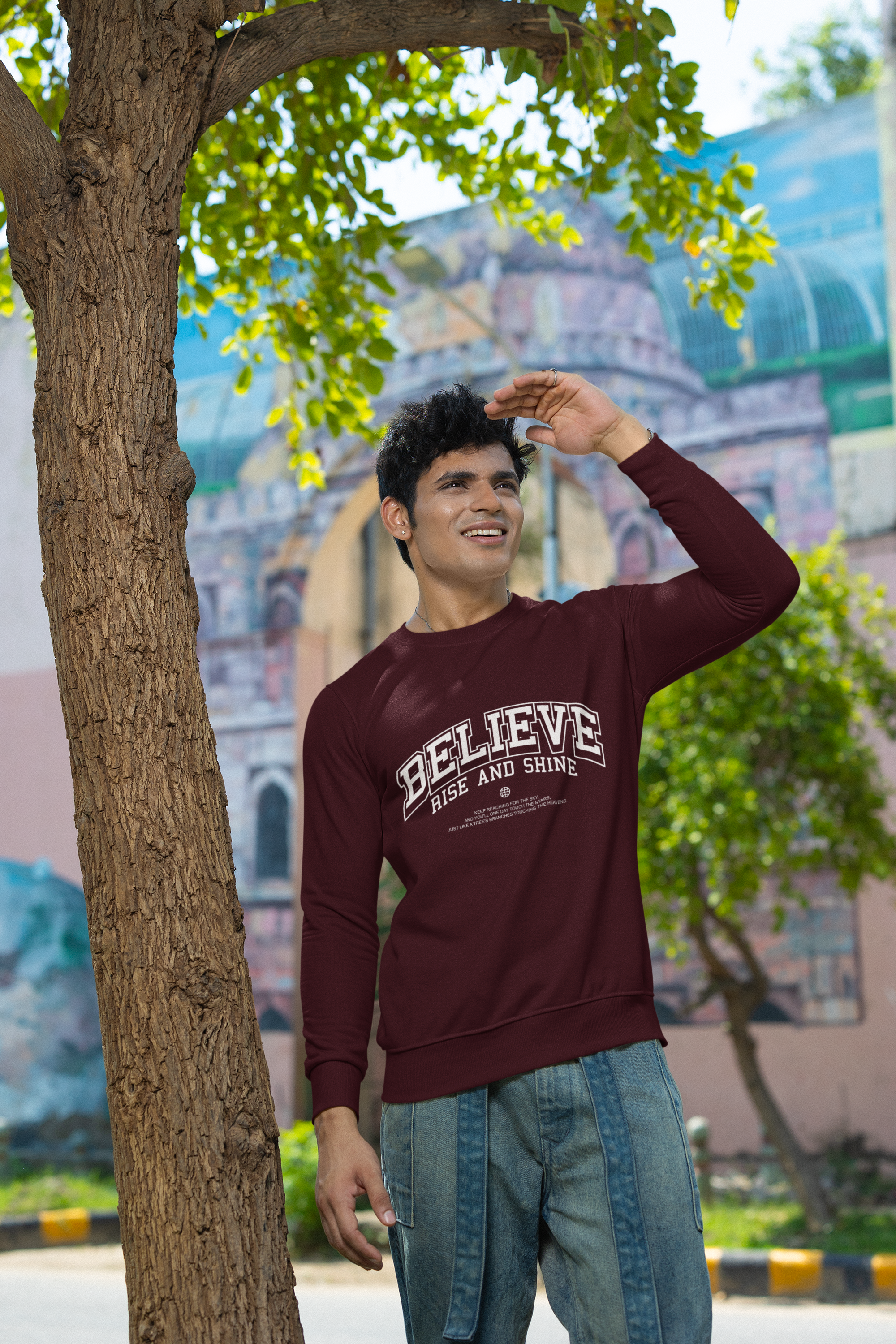 Men's Maroon Believe Oversized Graphic Printed T-shirt