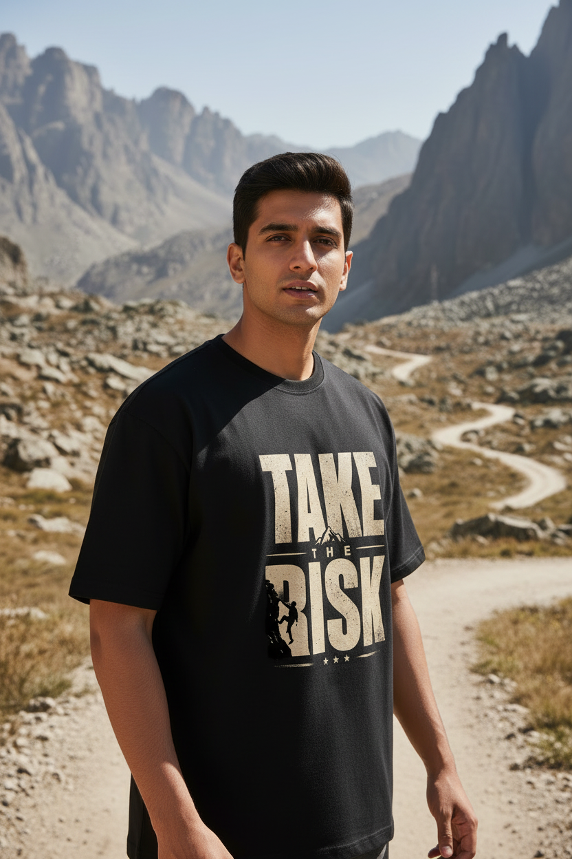 Take The Risk Black Tee Front Face Model Mockup