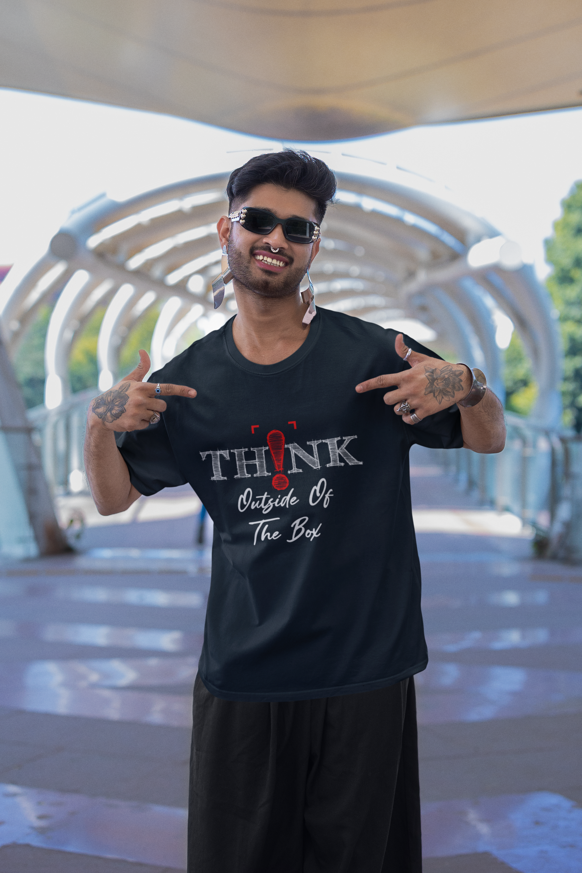 Men's Navy Blue Think Outside Of The Box Oversized Printed T-shirt